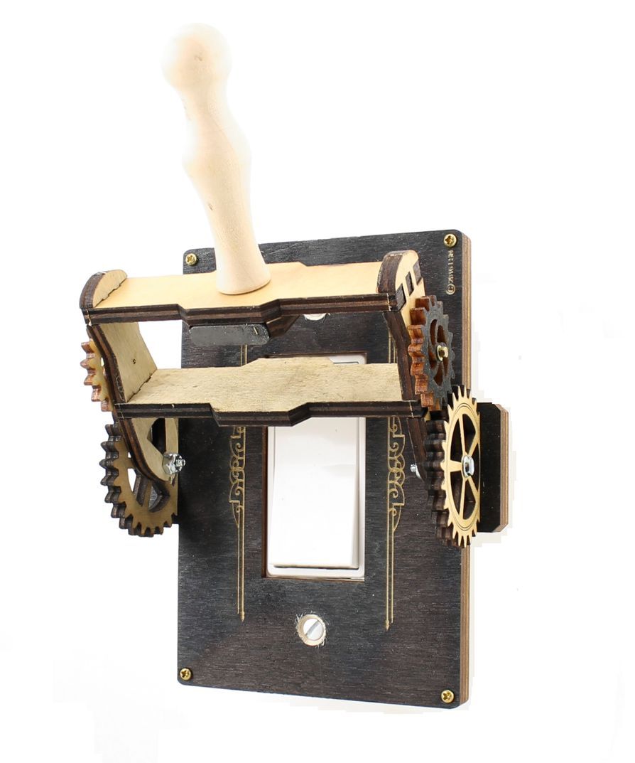 Steampunk Rocker Throw Switch - 8101E with black satin plate and gears, featuring antique filigree design.