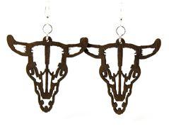 A pair of stylish Steer Skull Earrings made from sustainably sourced wood, featuring a laser-cut design in brown with hypoallergenic stainless steel ear wires.