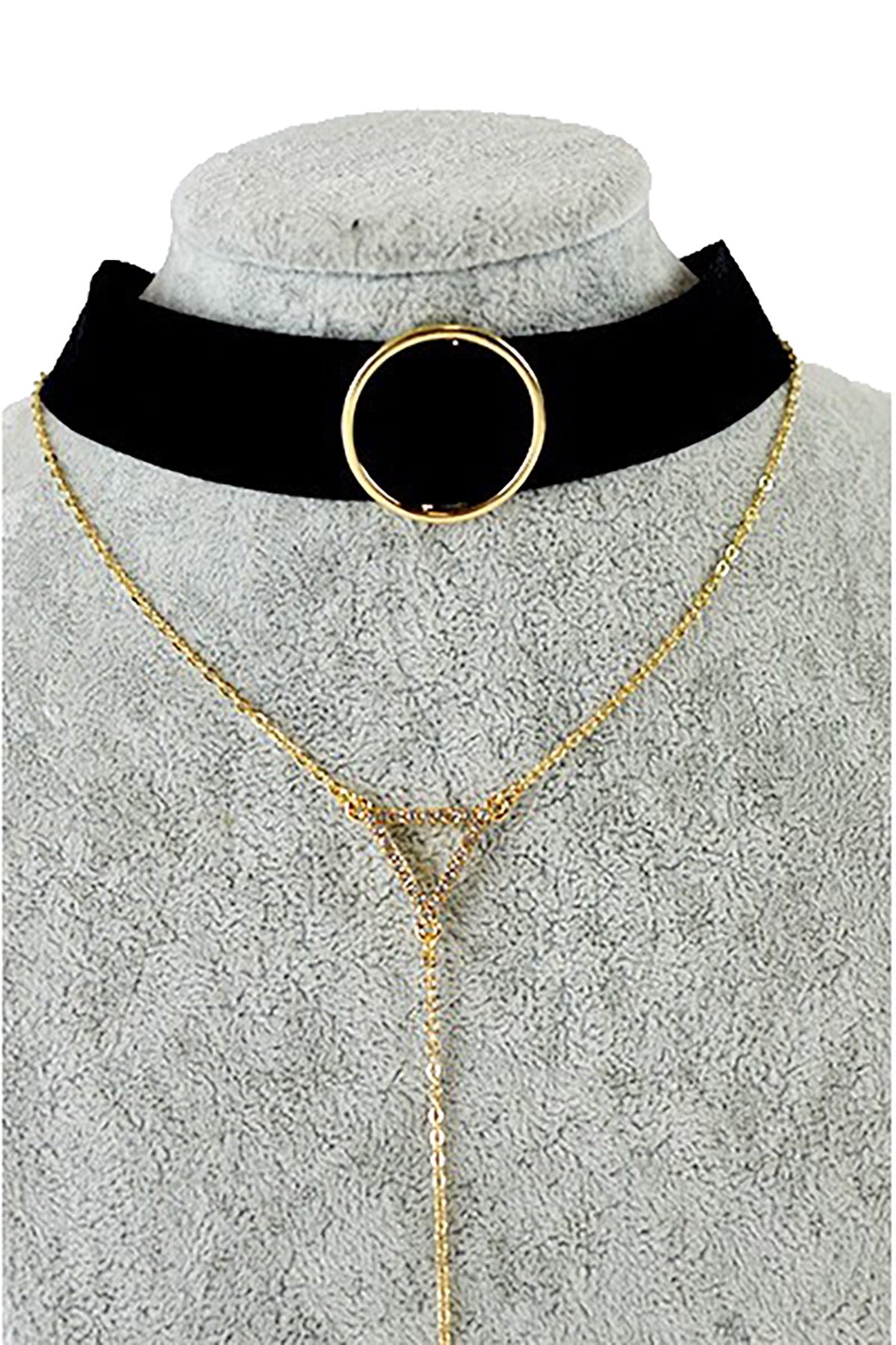 Stylish Strap Necklace Set featuring crystal paved drop design and metal circle accent, showcasing elegance and modern style.