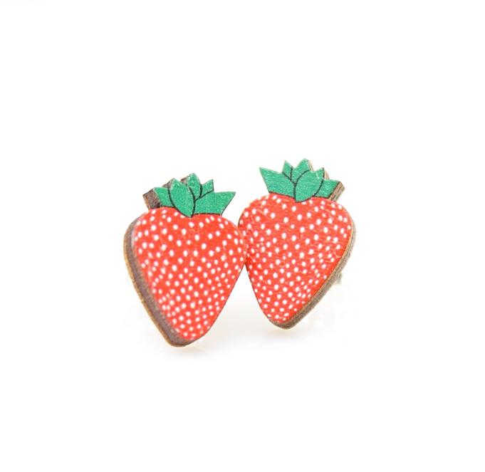 A pair of Strawberry Stud Earrings featuring vibrant colors and a natural wood back, showcasing their playful design and eco-friendly materials.