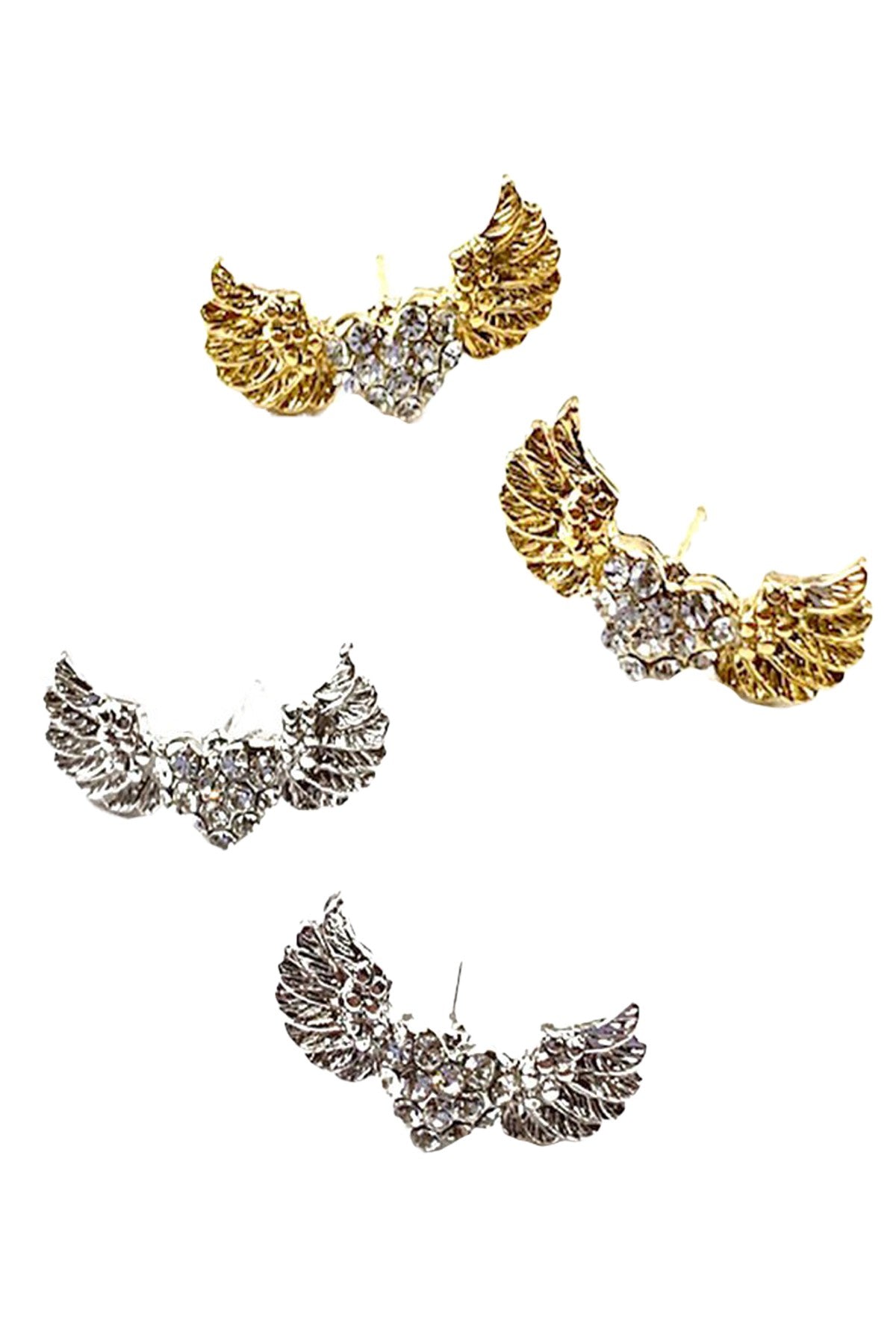 Crystal studded heart earrings with delicate wings, showcasing elegance and craftsmanship.