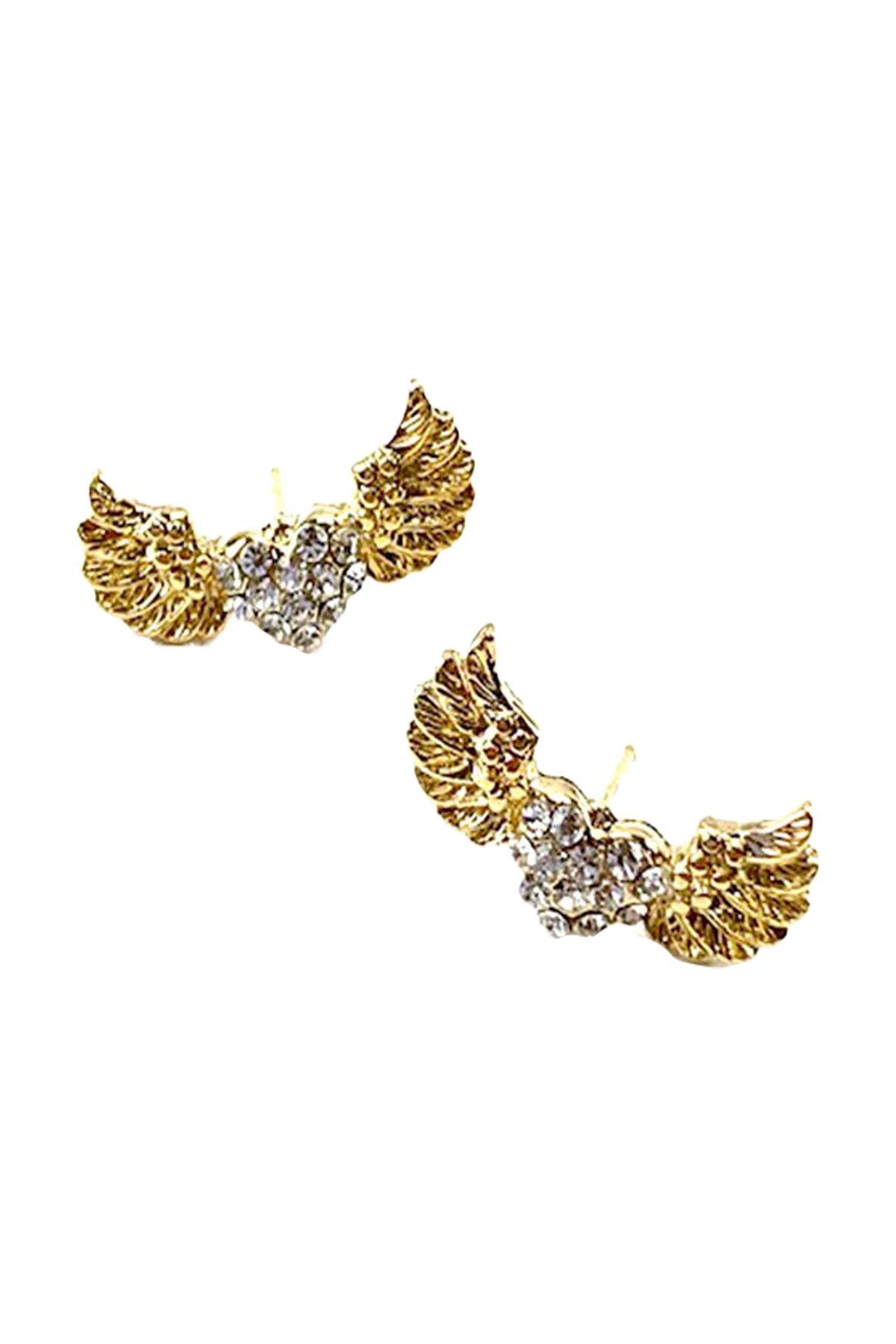 Crystal studded heart earrings with delicate wings, showcasing elegance and craftsmanship.