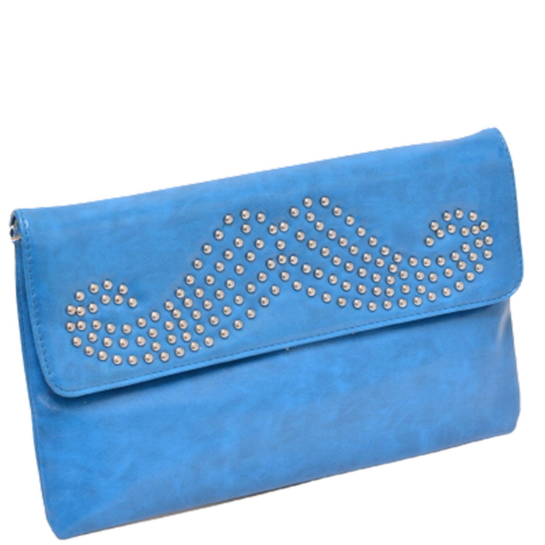 Stylish studded beard clutch in simulated leather with gold and silver tone hardware, featuring a zipper closure and detachable strap.