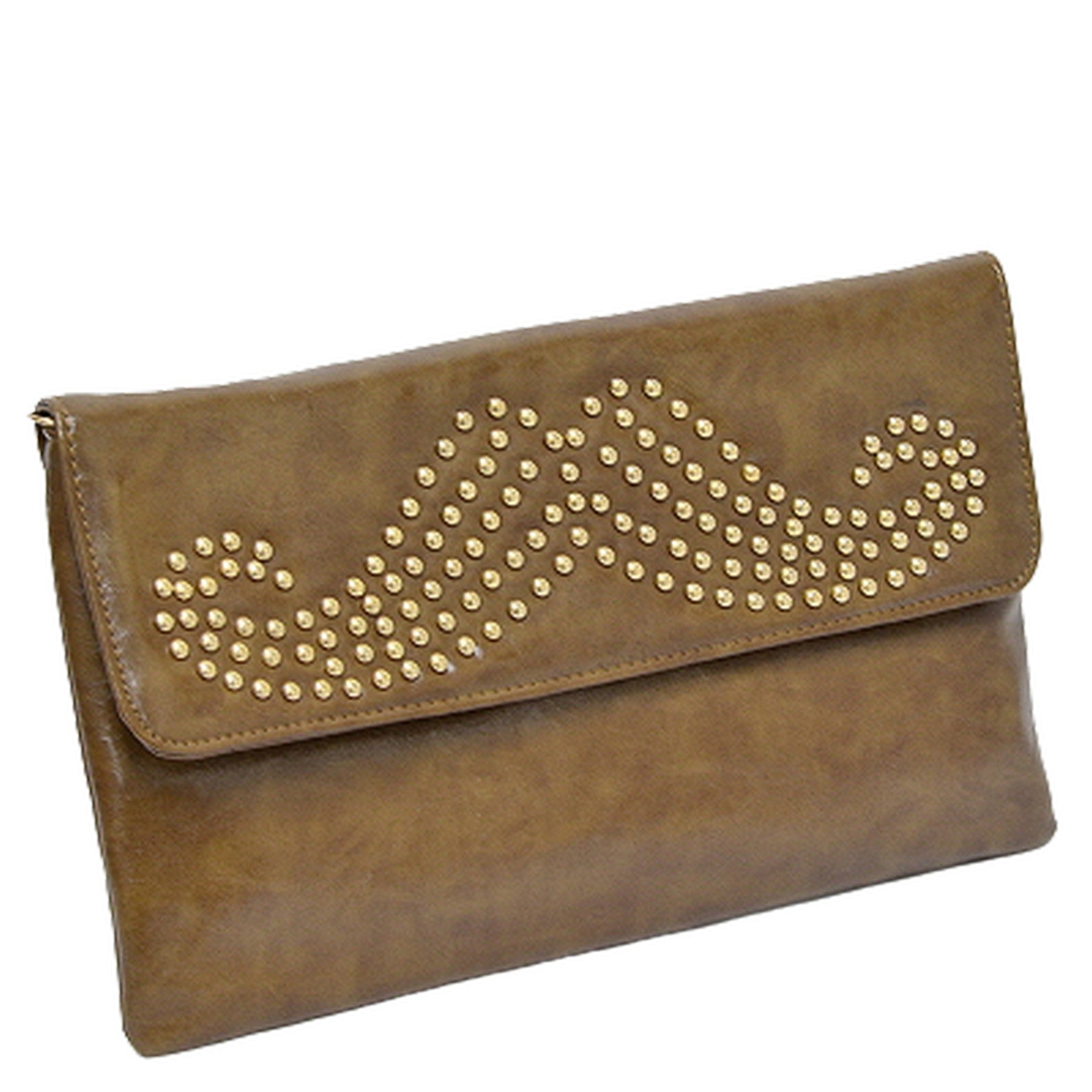 Stylish studded beard clutch in simulated leather with gold and silver tone hardware, featuring a zipper closure and detachable strap.