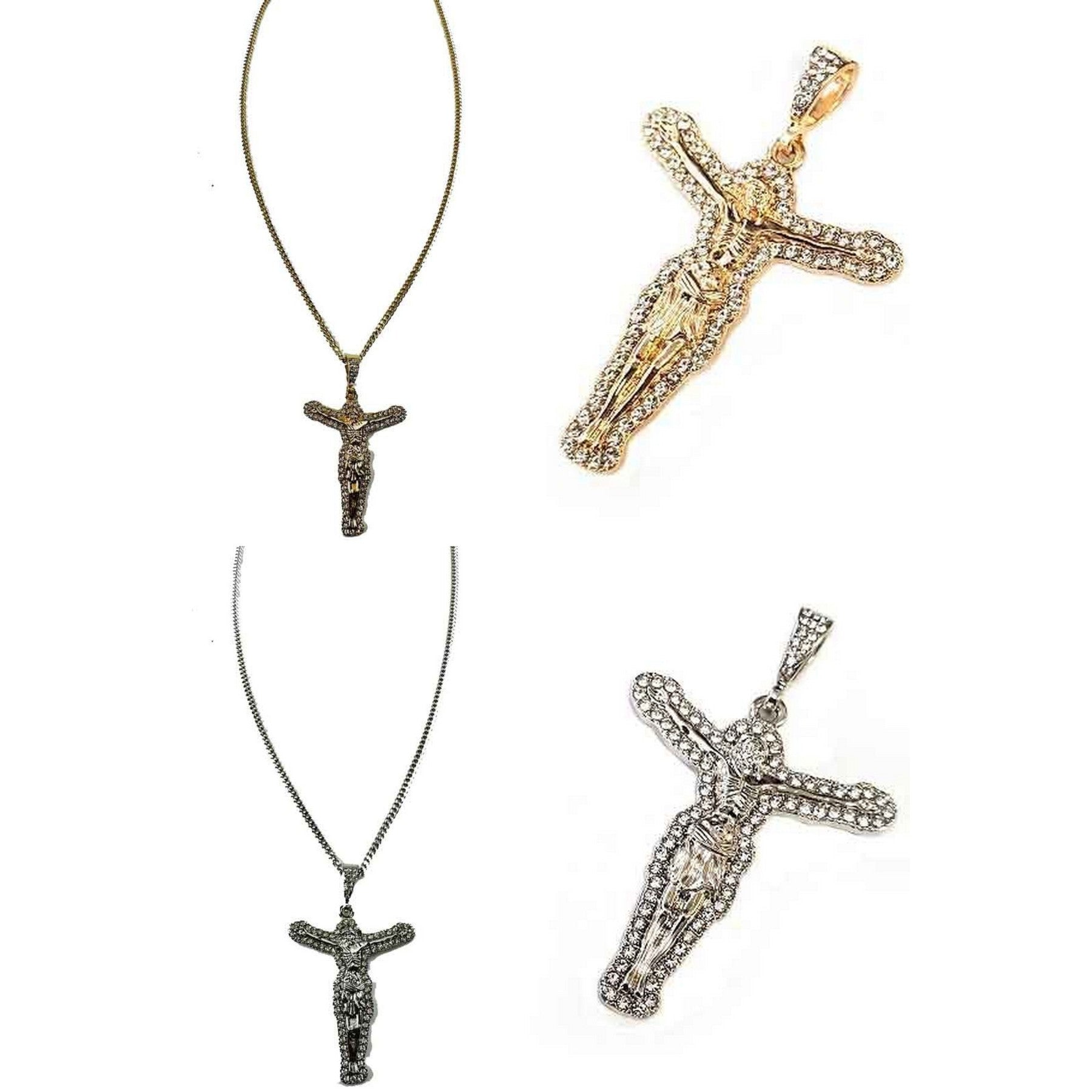 A long necklace featuring a studded Christ stone pendant, showcasing intricate details and a lobster claw clasp.