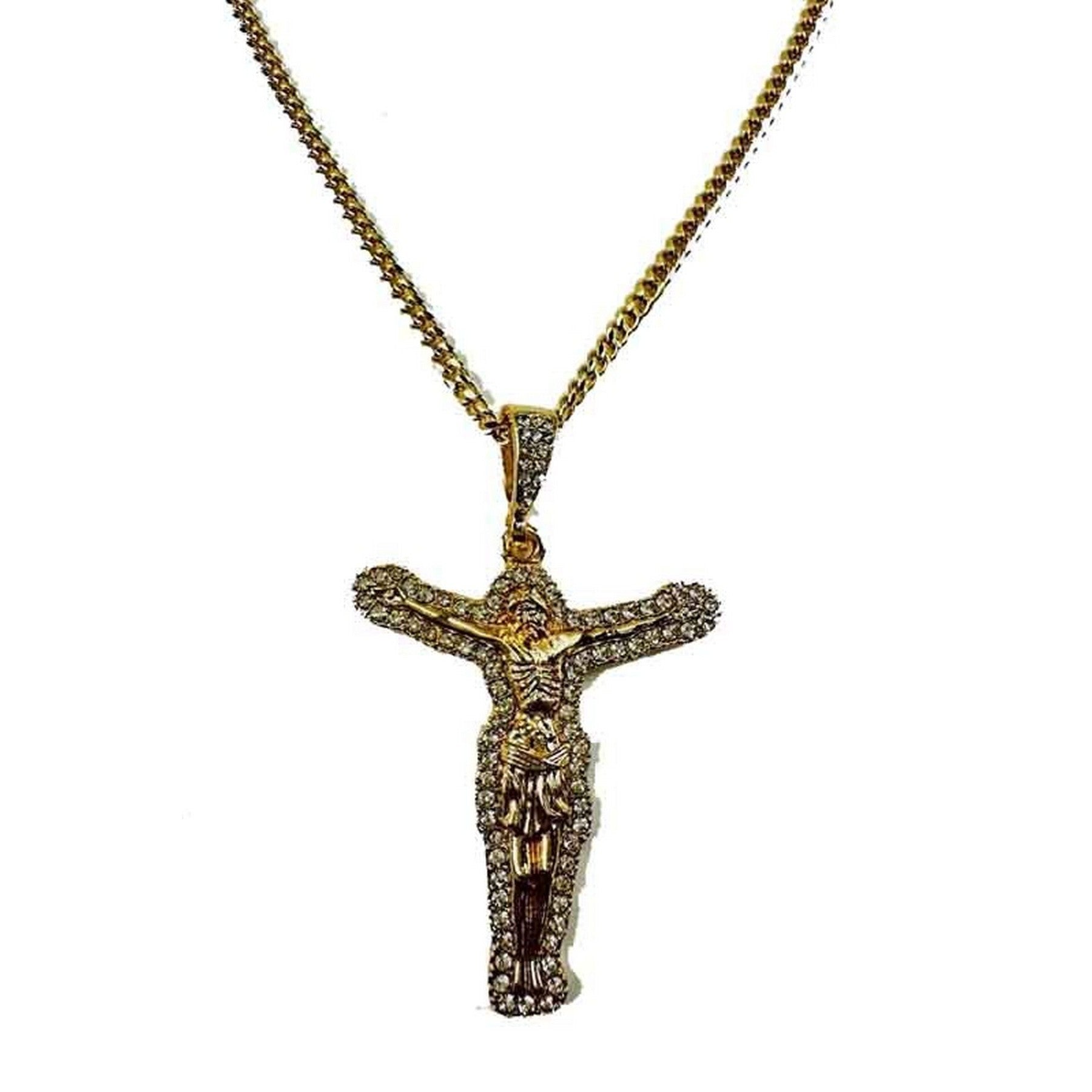 A long necklace featuring a studded Christ stone pendant, showcasing intricate details and a lobster claw clasp.