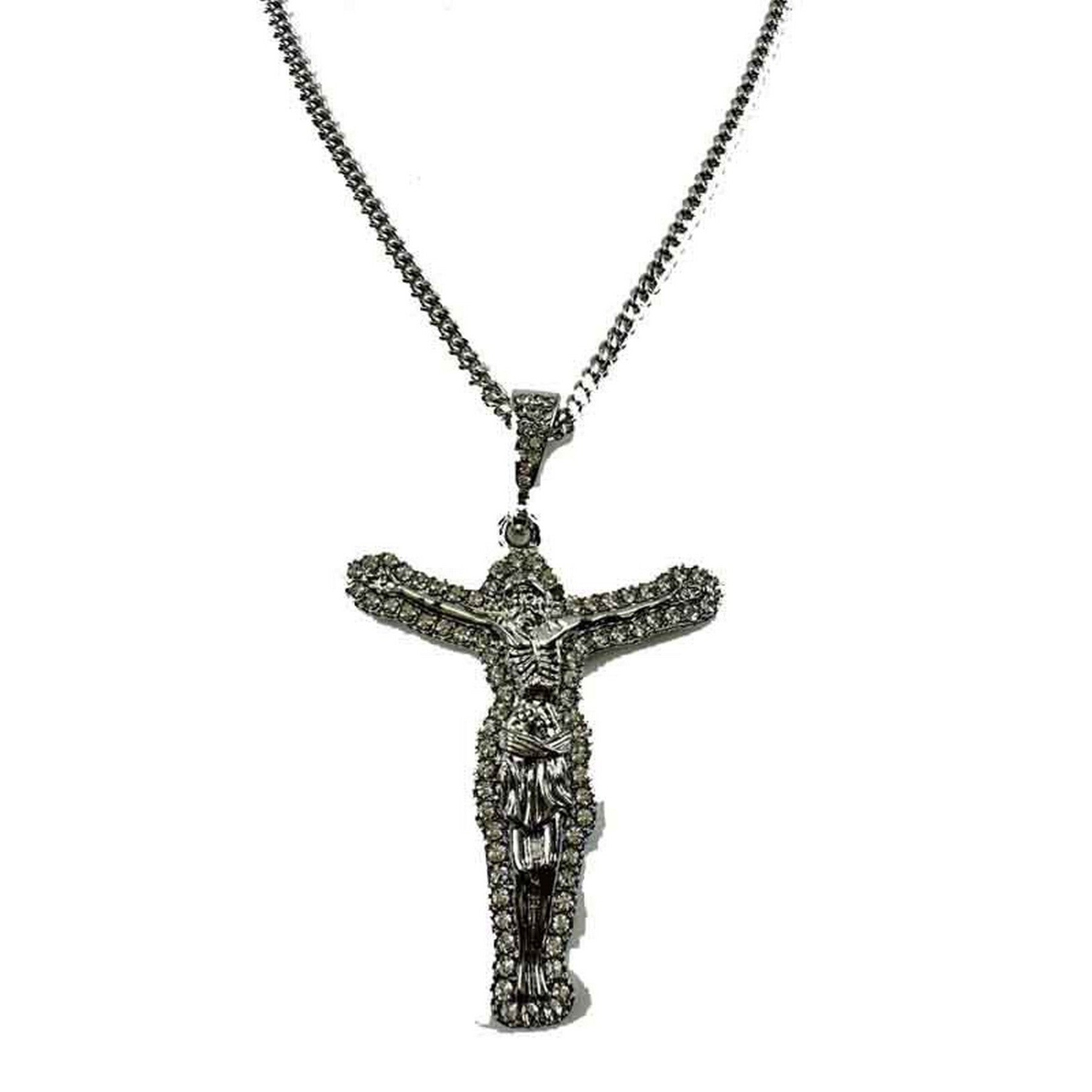 A long necklace featuring a studded Christ stone pendant, showcasing intricate details and a lobster claw clasp.