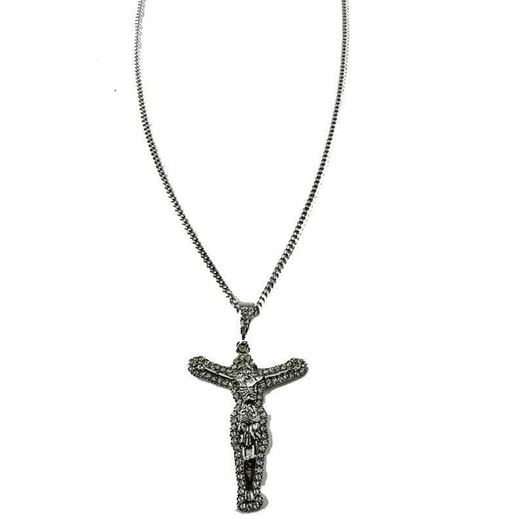 A long necklace featuring a studded Christ stone pendant, showcasing intricate details and a lobster claw clasp.