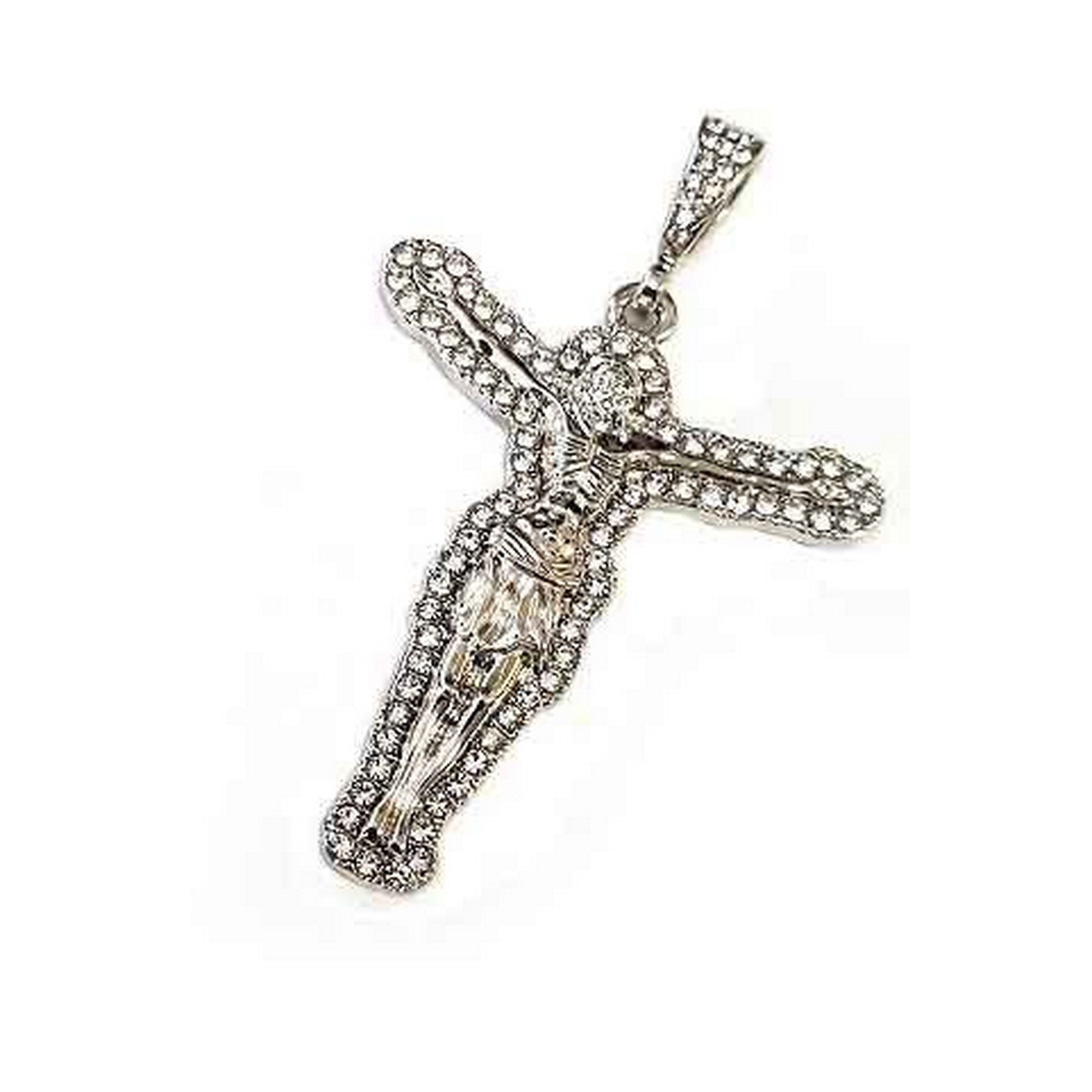 A long necklace featuring a studded Christ stone pendant, showcasing intricate details and a lobster claw clasp.