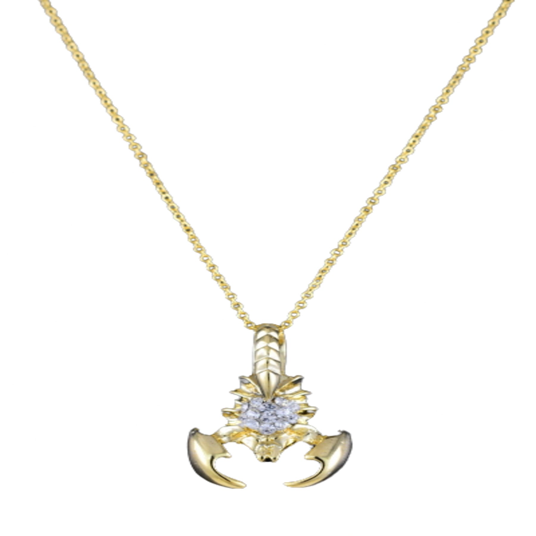 A stylish studded crawfish pendant necklace with an 18-inch chain and lobster claw clasp, showcasing intricate details.