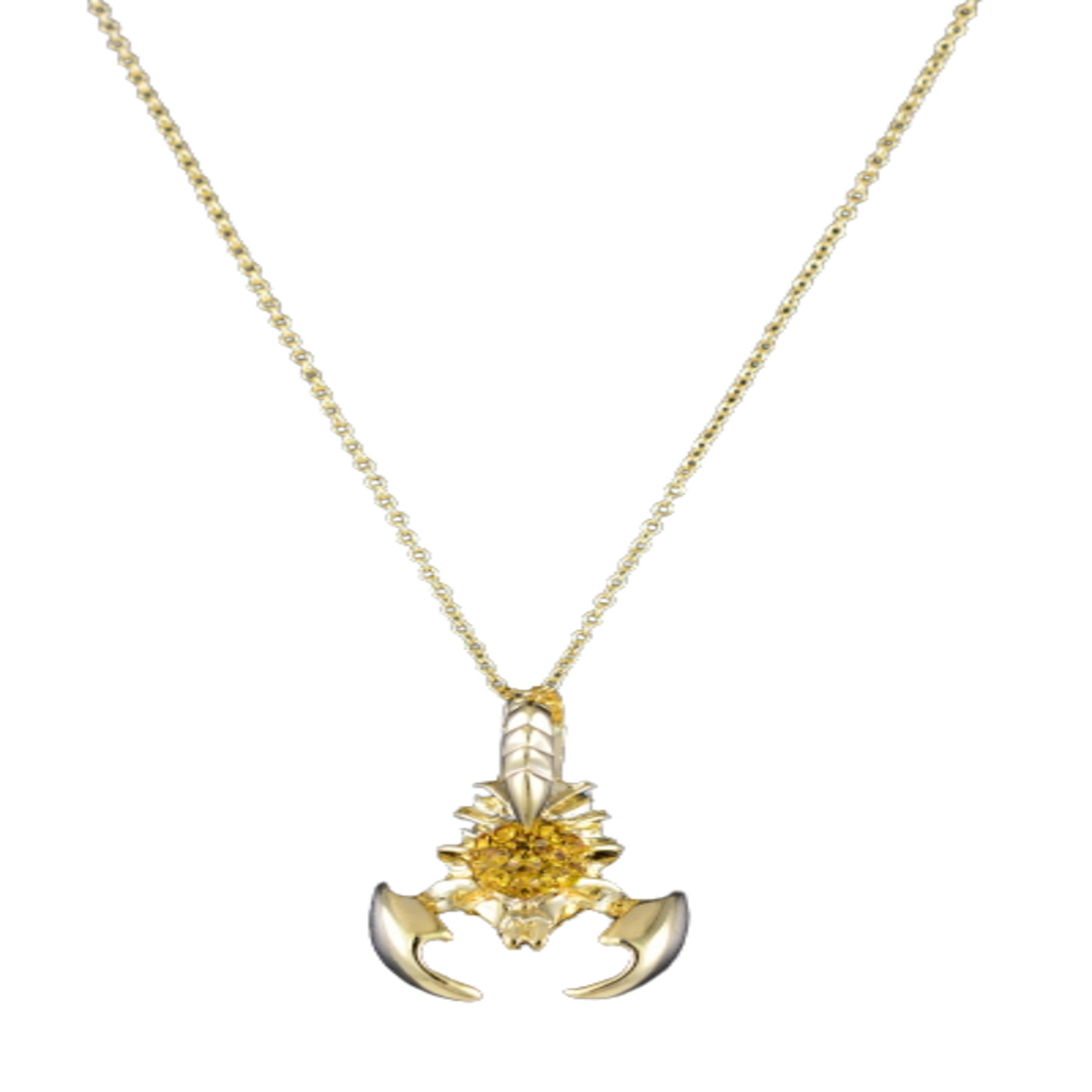 A stylish studded crawfish pendant necklace with an 18-inch chain and lobster claw clasp, showcasing intricate details.