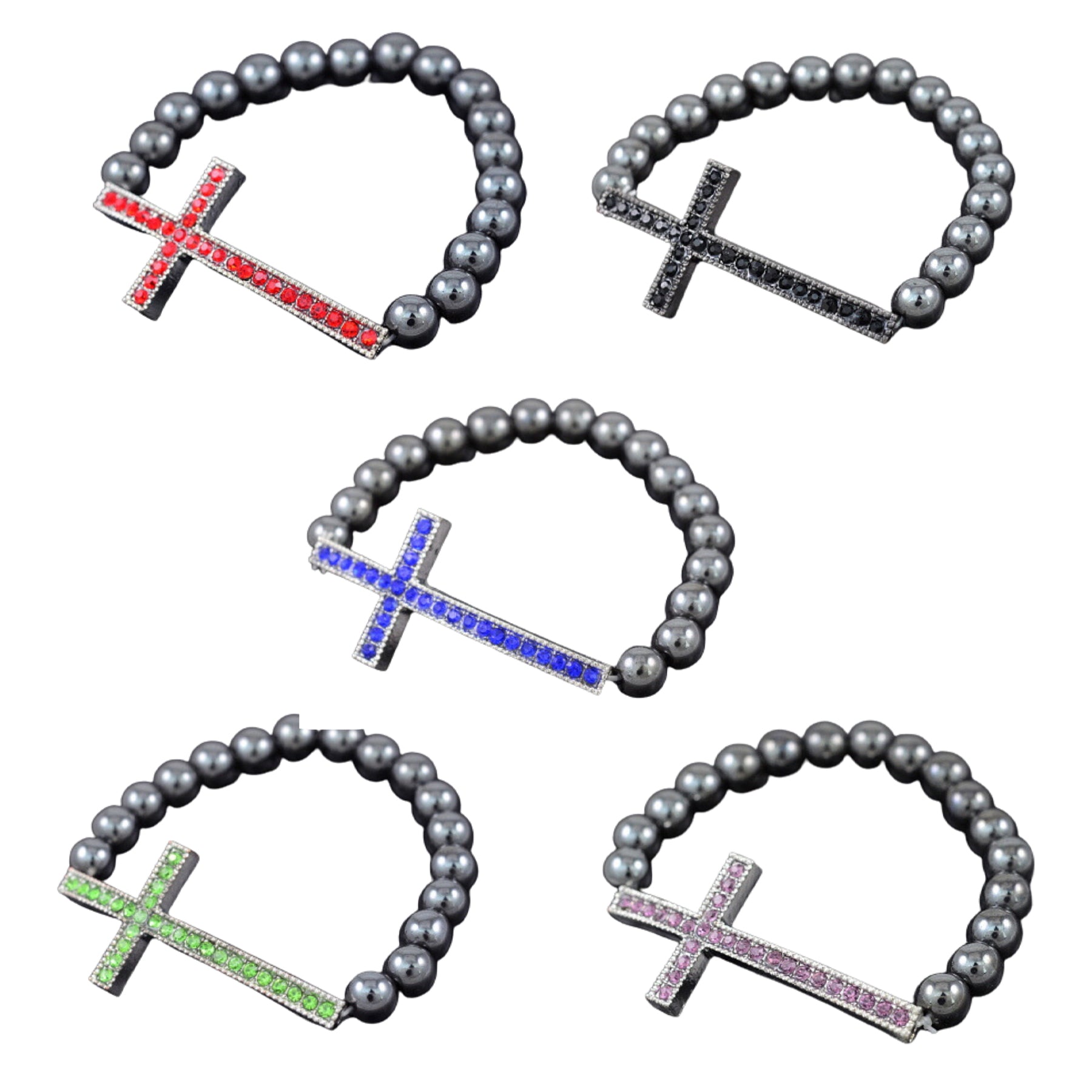 Stylish Studded Cross Metal Balls Bracelet featuring a unique cross design and stretchable band for comfort.