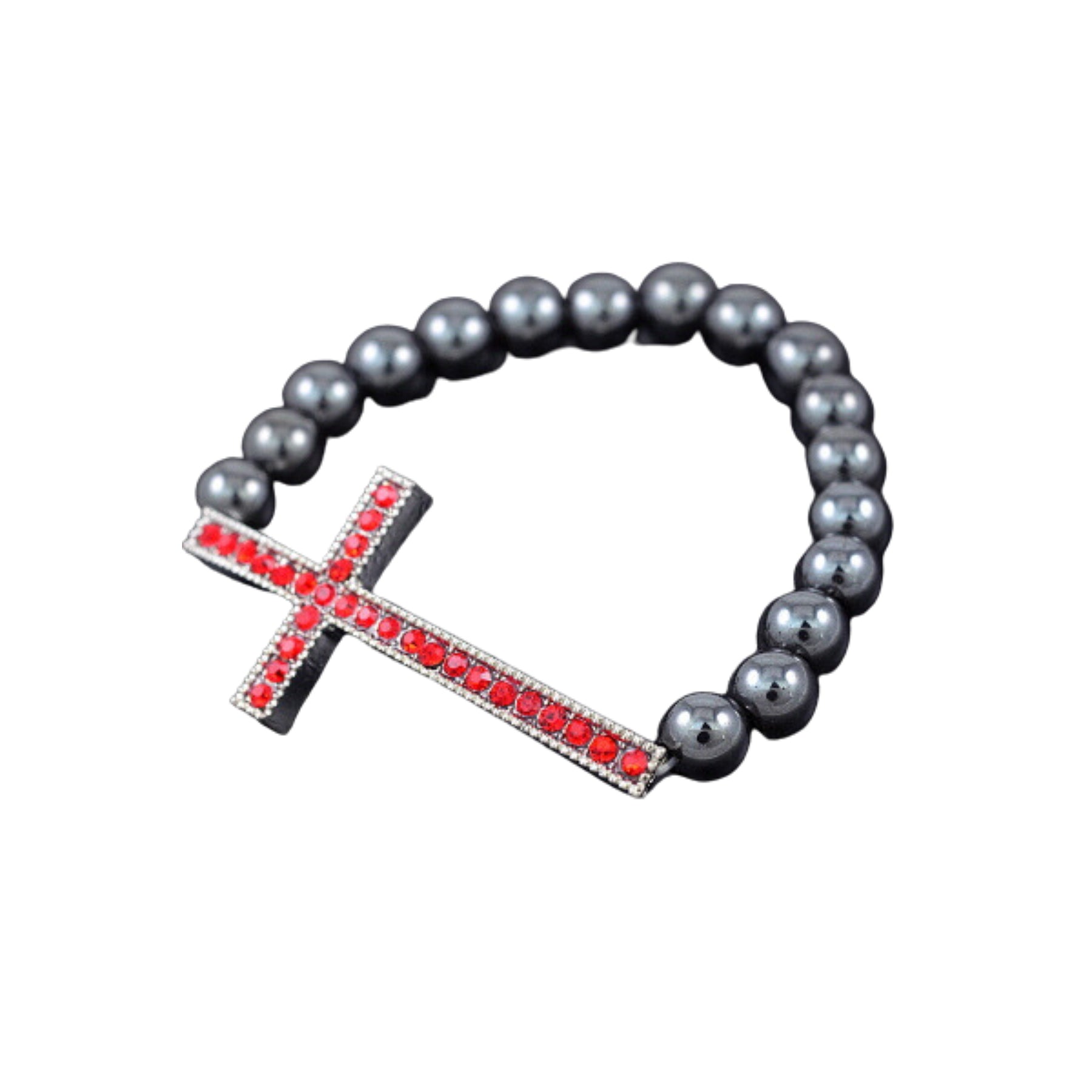 Stylish Studded Cross Metal Balls Bracelet featuring a unique cross design and stretchable band for comfort.