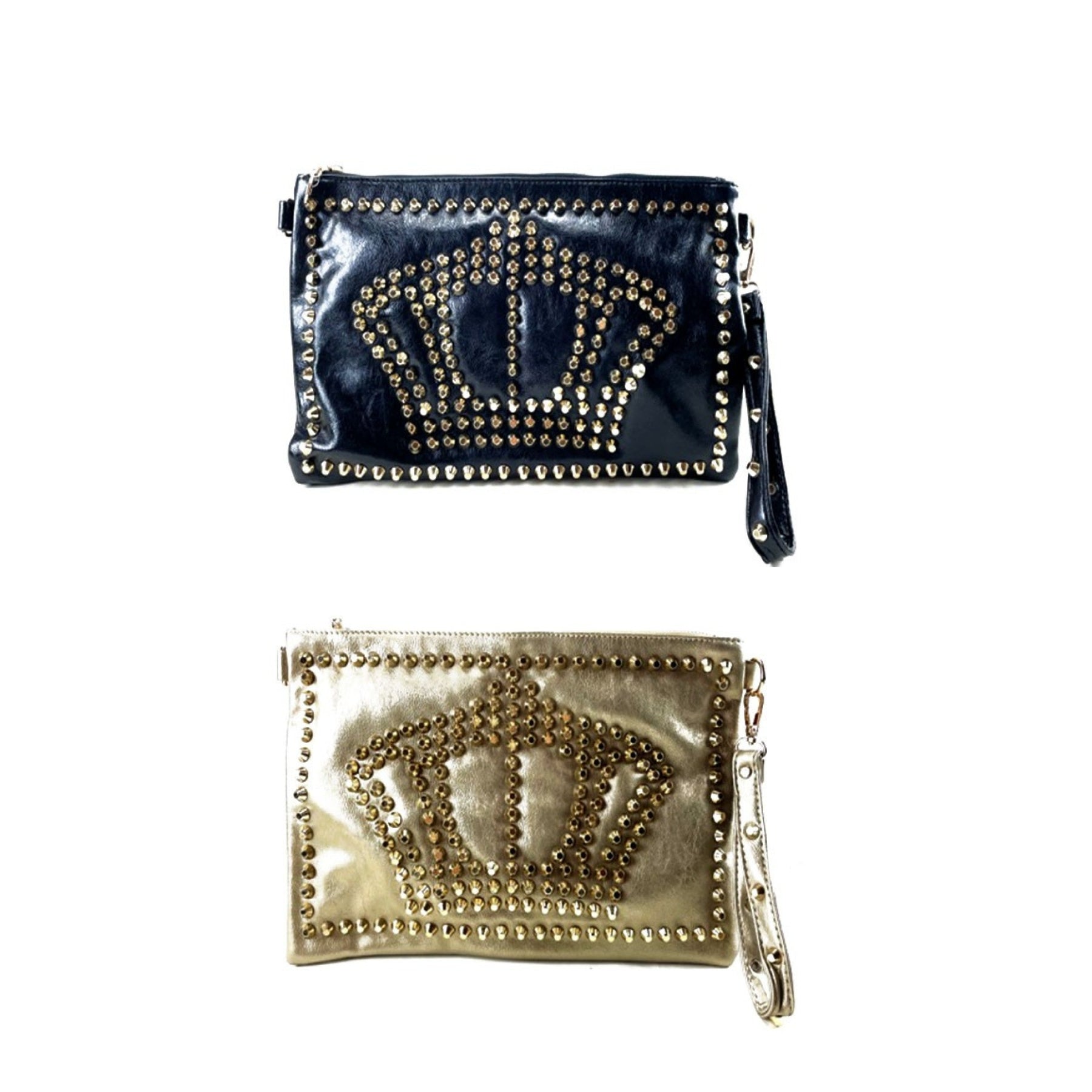 Stylish Studded Crown Mini Purse in simulated leather with gold tone hardware and multiple zipper pockets.