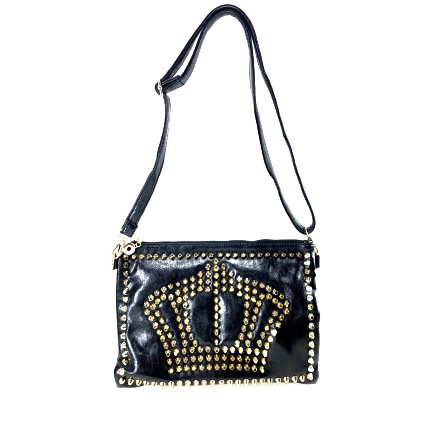 Stylish Studded Crown Mini Purse in simulated leather with gold tone hardware and multiple zipper pockets.