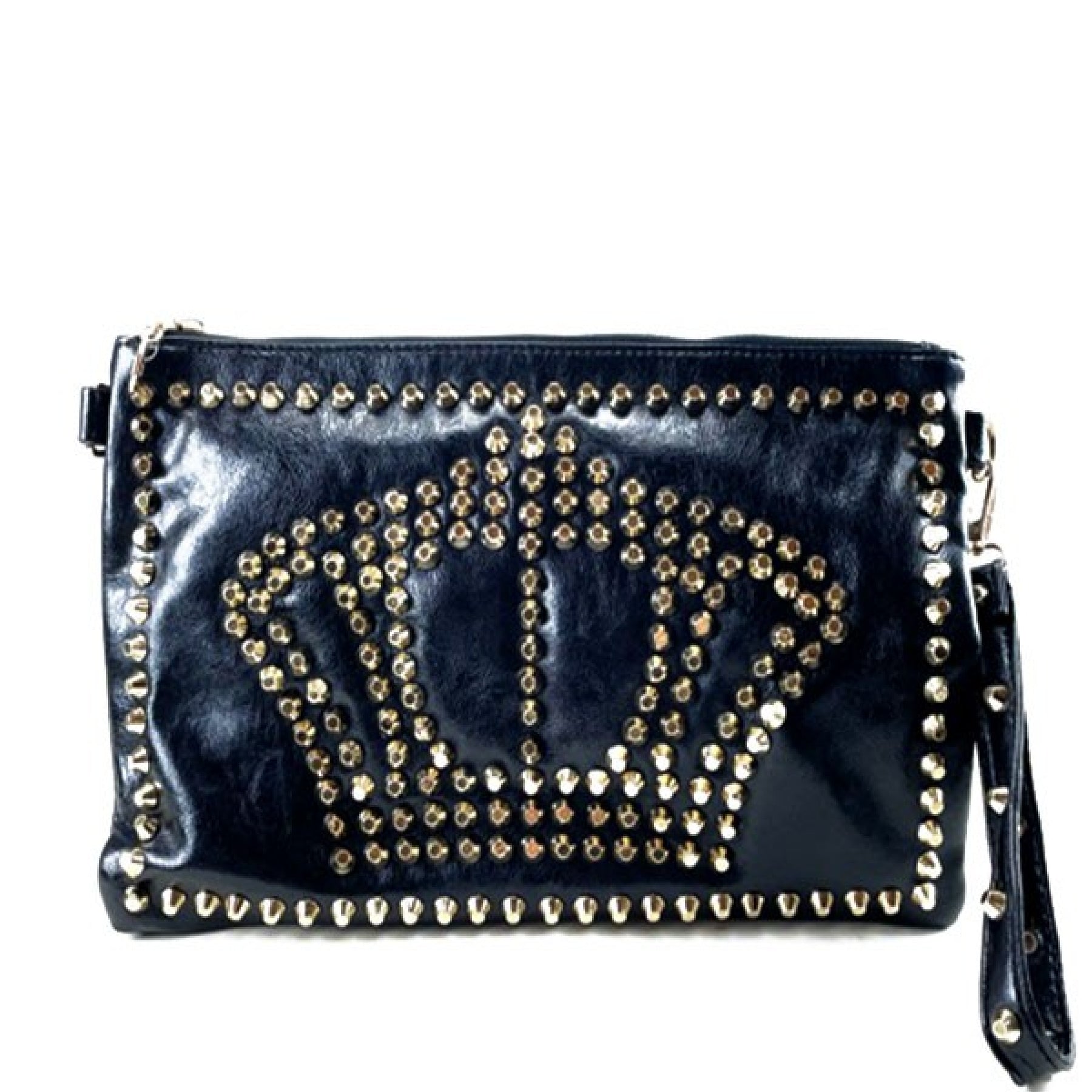 Stylish Studded Crown Mini Purse in simulated leather with gold tone hardware and multiple zipper pockets.