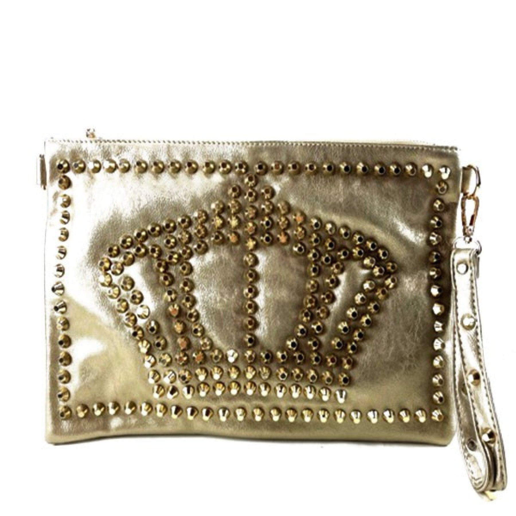 Stylish Studded Crown Mini Purse in simulated leather with gold tone hardware and multiple zipper pockets.