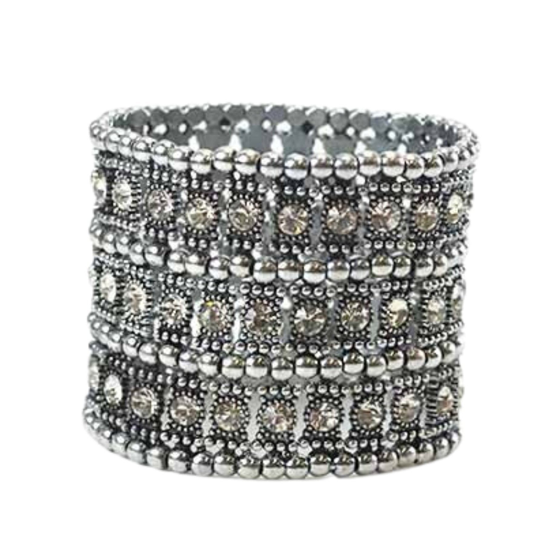 A beautiful studded crystal bracelet featuring a stretchable design, perfect for any wrist size.