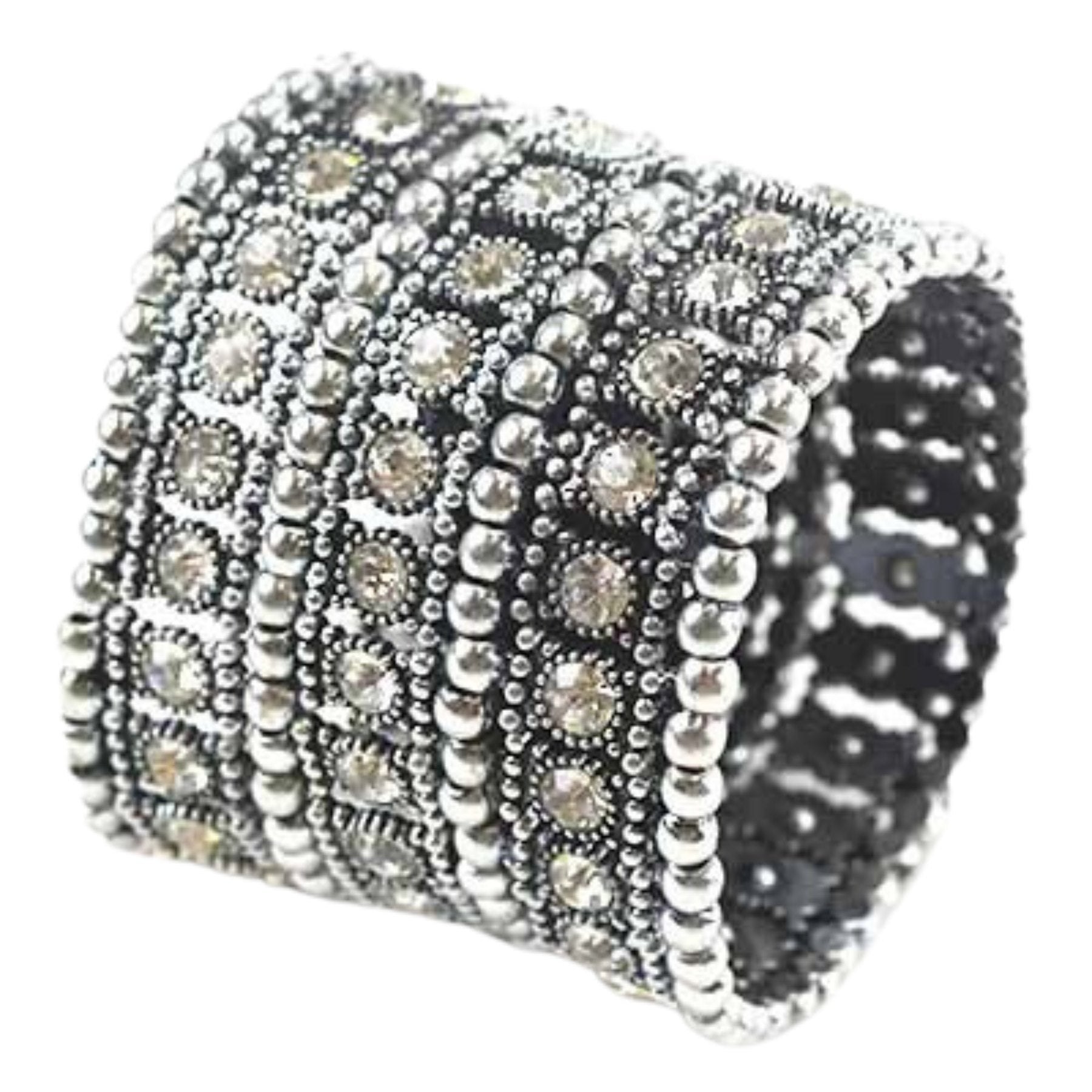 A beautiful studded crystal bracelet featuring a stretchable design, perfect for any wrist size.