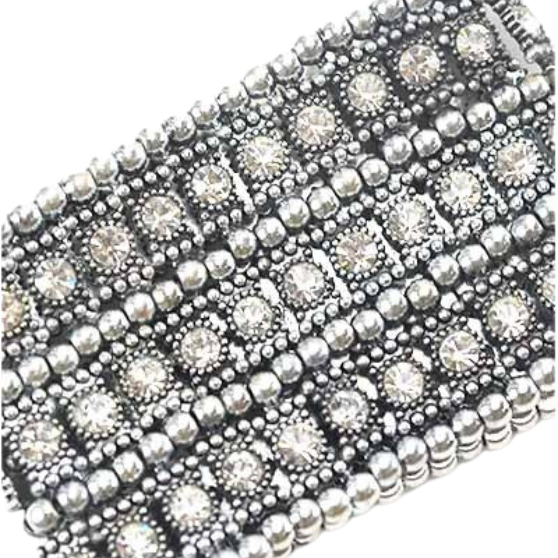 A beautiful studded crystal bracelet featuring a stretchable design, perfect for any wrist size.