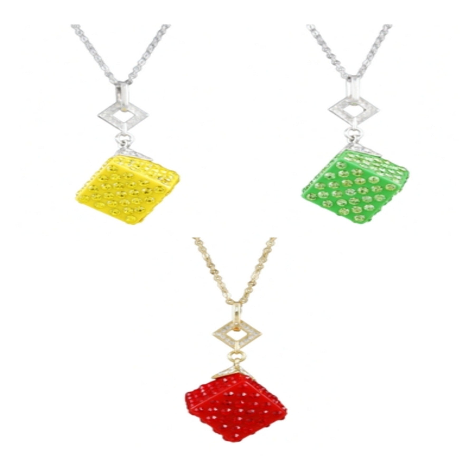 A stylish studded cube pendant necklace with a double plated finish and a 28-inch chain, featuring a lobster claw clasp.