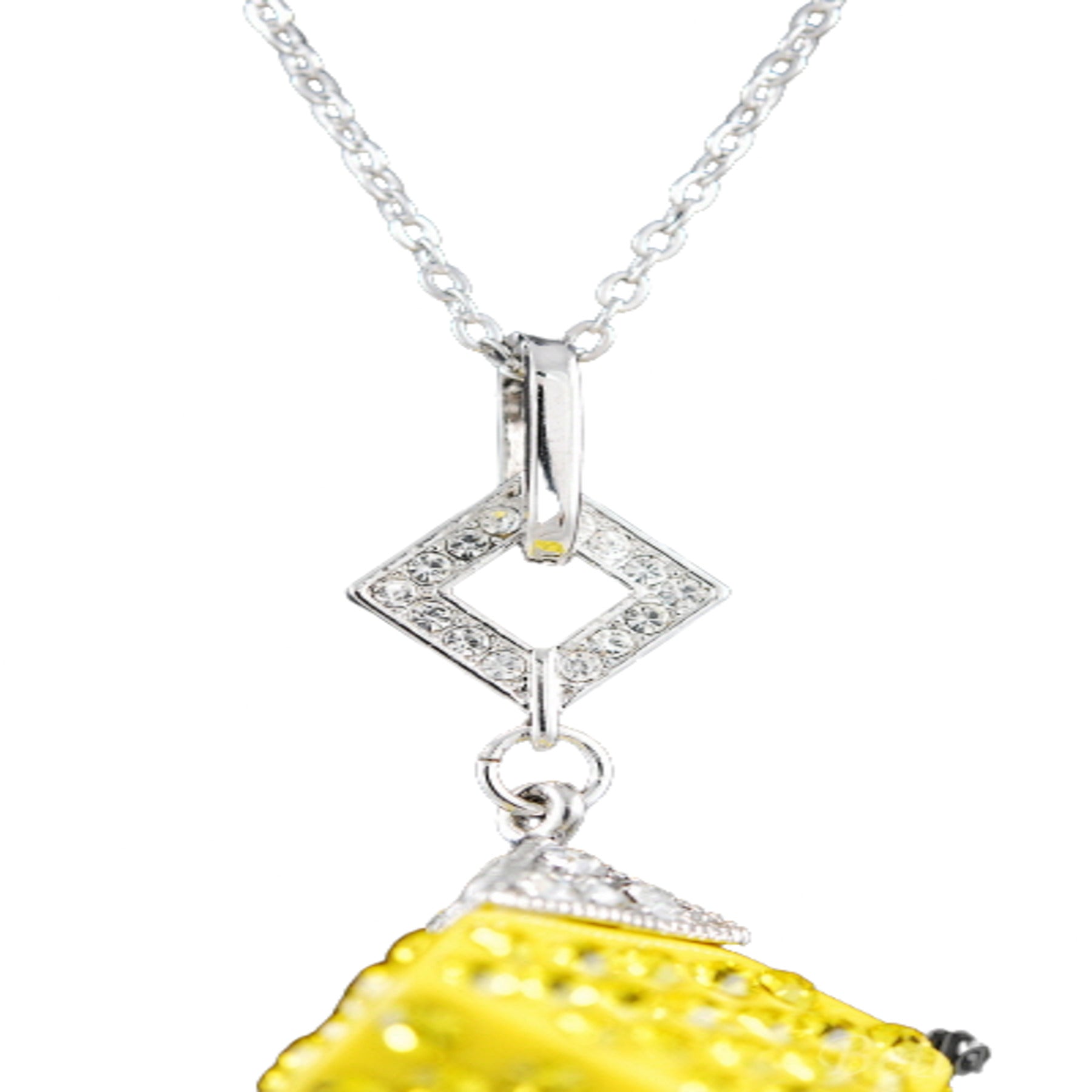 A stylish studded cube pendant necklace with a double plated finish and a 28-inch chain, featuring a lobster claw clasp.