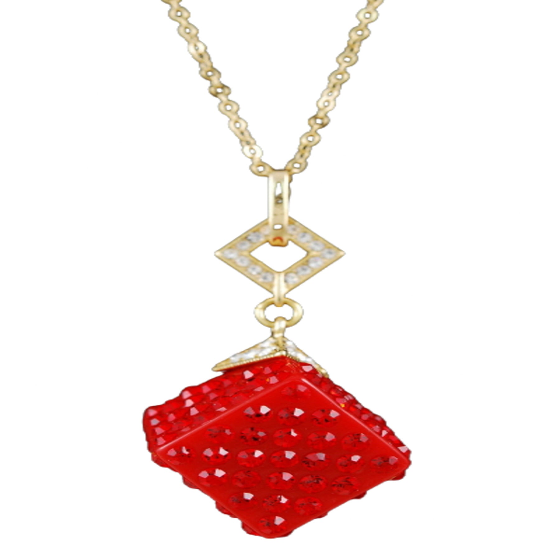 A stylish studded cube pendant necklace with a double plated finish and a 28-inch chain, featuring a lobster claw clasp.