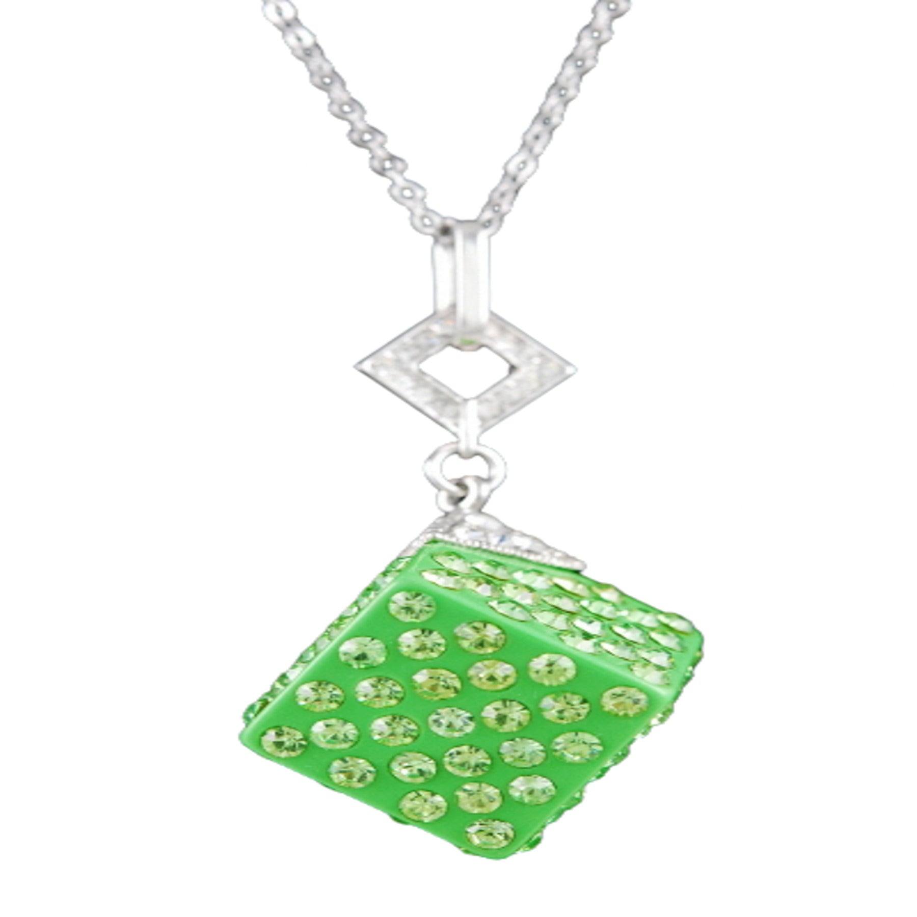 A stylish studded cube pendant necklace with a double plated finish and a 28-inch chain, featuring a lobster claw clasp.