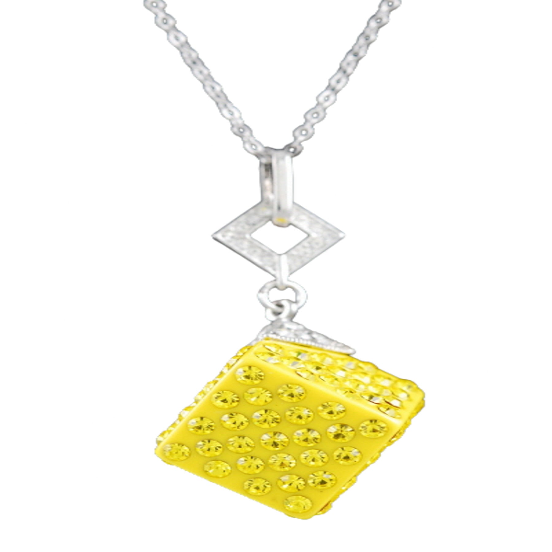 A stylish studded cube pendant necklace with a double plated finish and a 28-inch chain, featuring a lobster claw clasp.