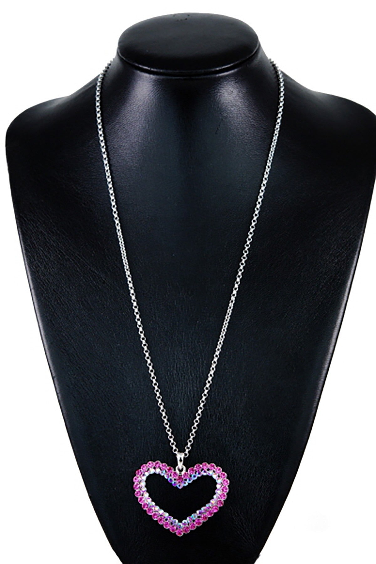 A stunning studded cut out heart necklace with a double plated finish, featuring a 25-inch chain and a lobster claw clasp.