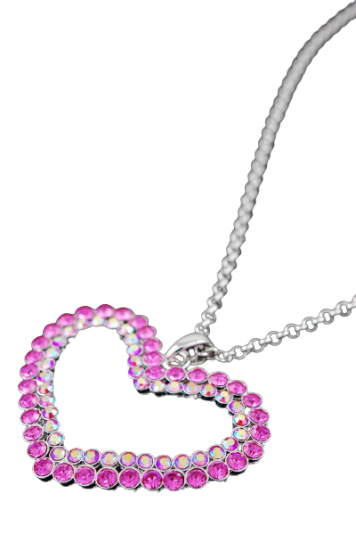 A stunning studded cut out heart necklace with a double plated finish, featuring a 25-inch chain and a lobster claw clasp.