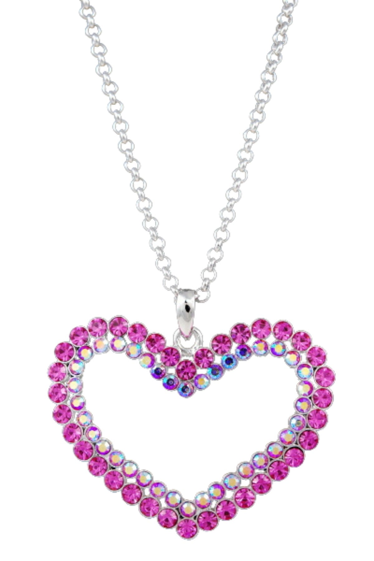 A stunning studded cut out heart necklace with a double plated finish, featuring a 25-inch chain and a lobster claw clasp.