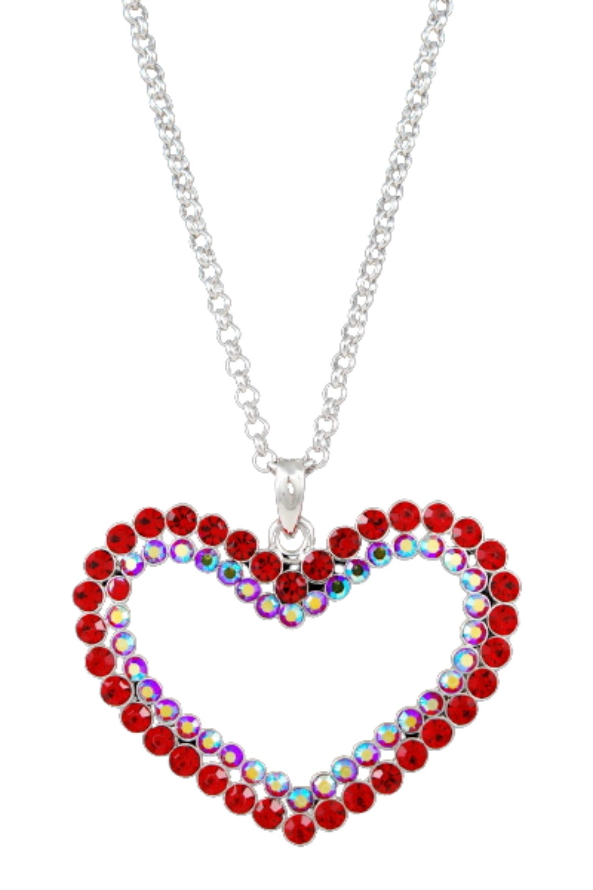 A stunning studded cut out heart necklace with a double plated finish, featuring a 25-inch chain and a lobster claw clasp.