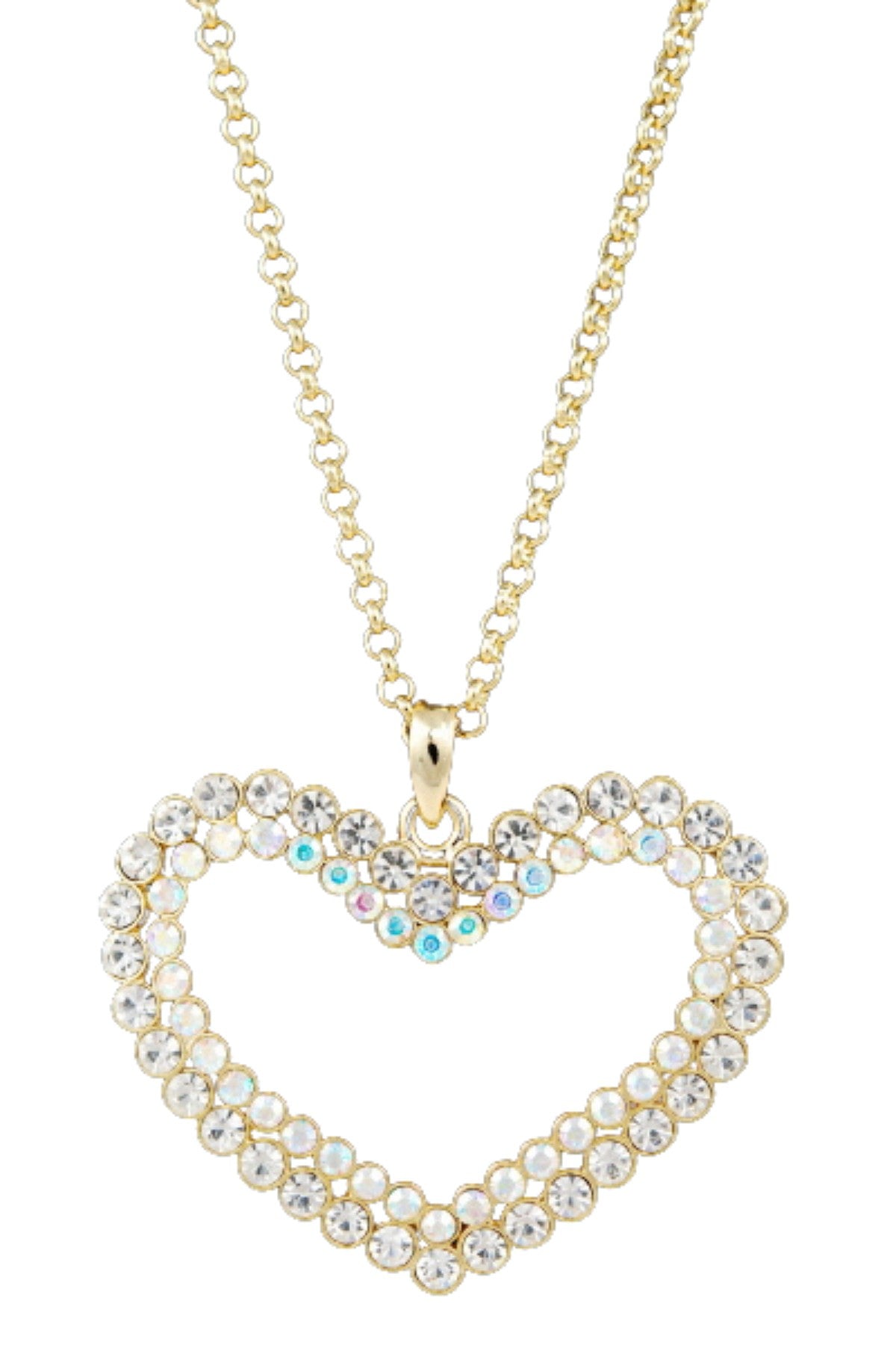 A stunning studded cut out heart necklace with a double plated finish, featuring a 25-inch chain and a lobster claw clasp.