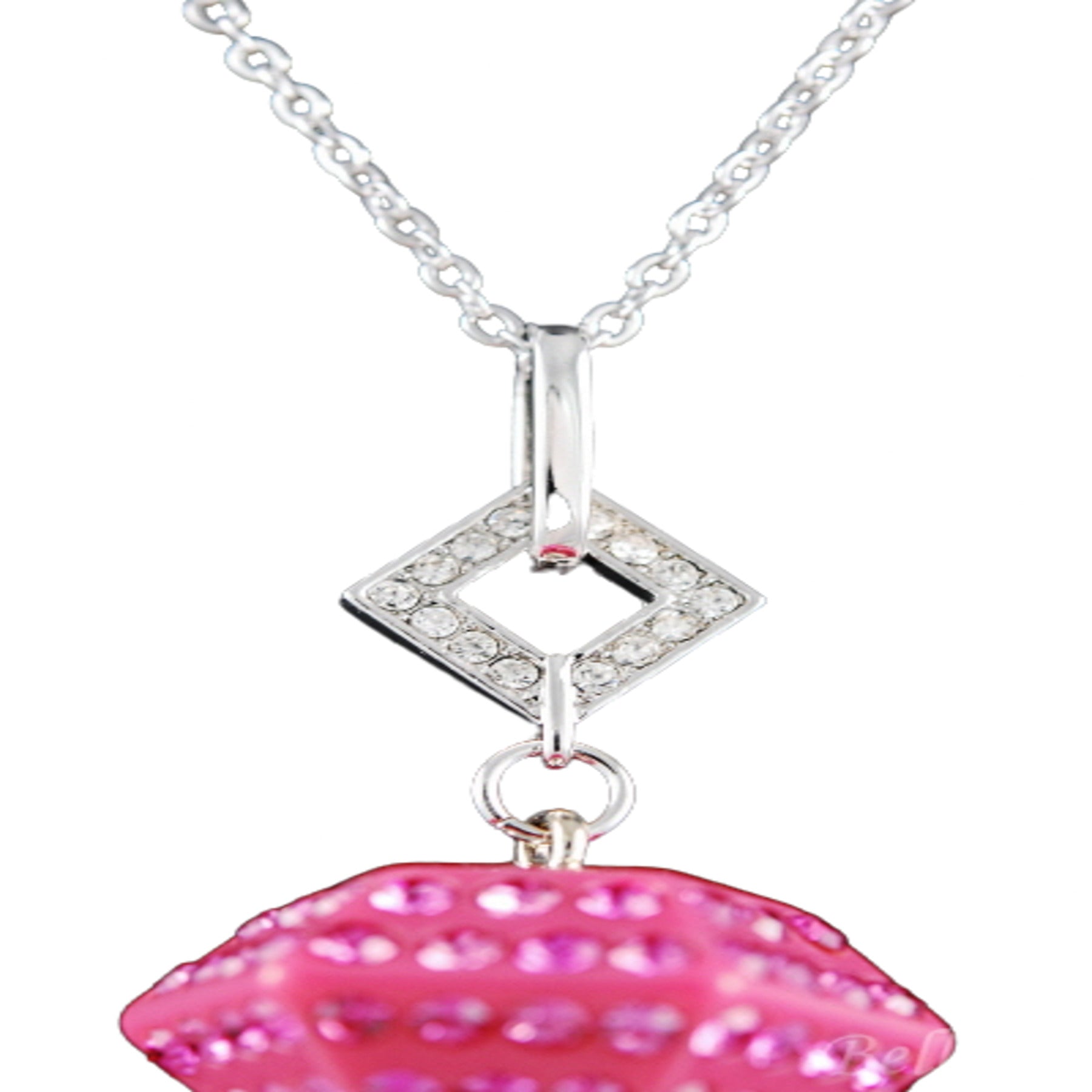 A stunning studded diamond pendant necklace with a double plated design and a 28-inch chain, featuring a lobster claw clasp and extender.