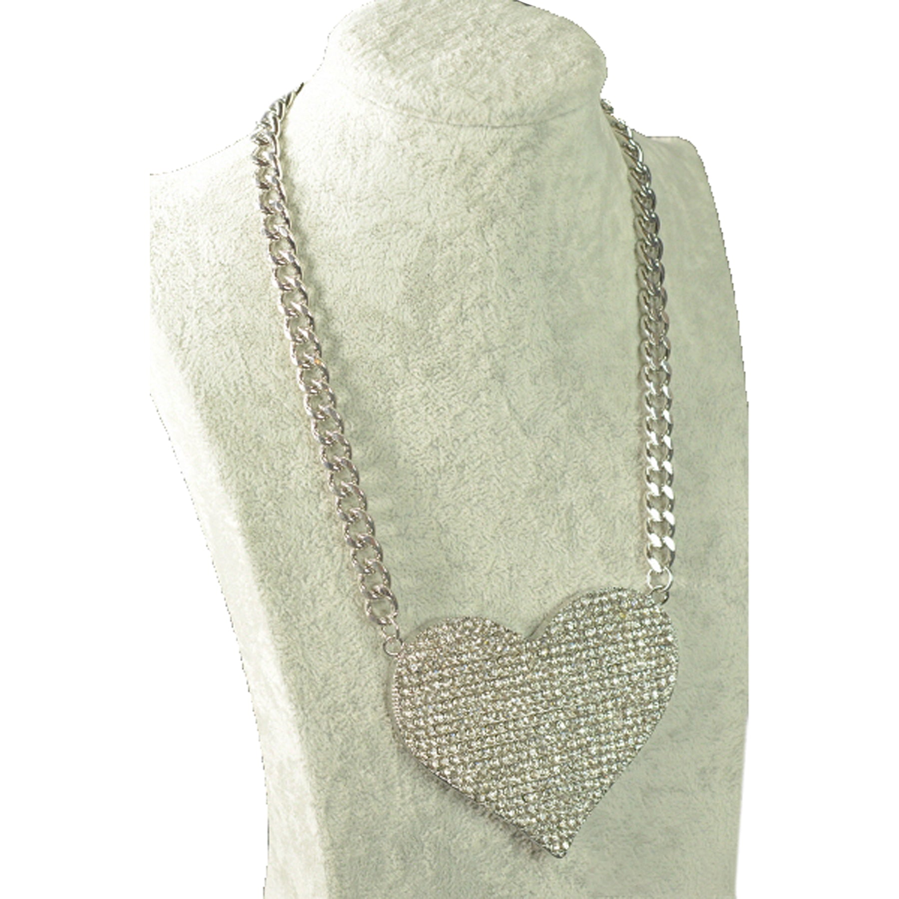 A stunning studded flat heart necklace with crystal embellishments, featuring a lobster claw clasp and extender.