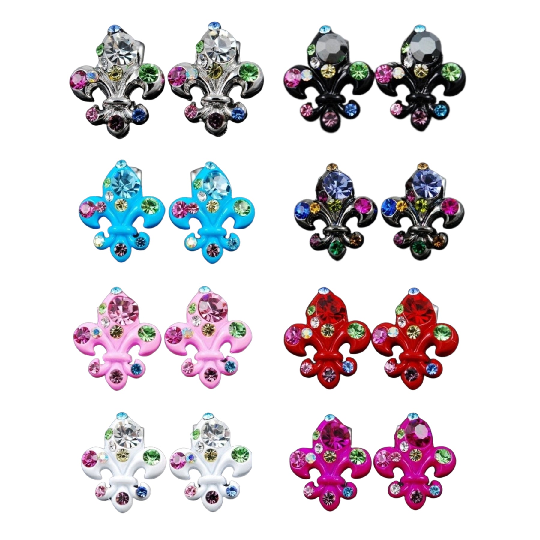 A pair of elegant studded fleur de lis earrings featuring a unique design with sparkling studs, perfect for any occasion.