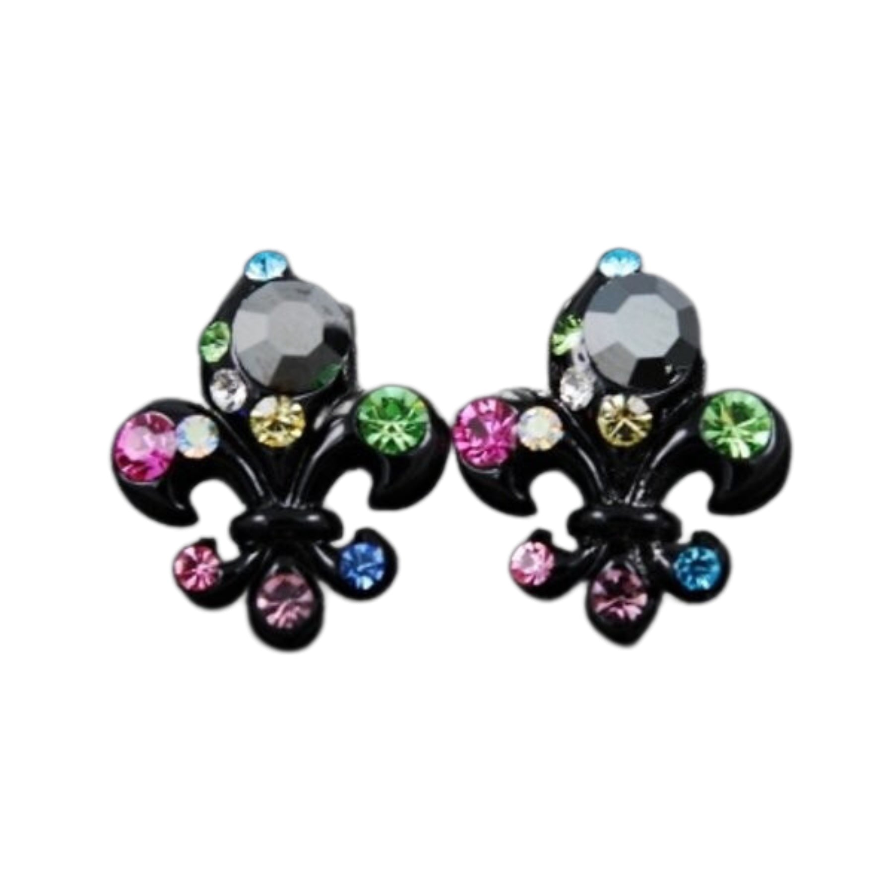 A pair of elegant studded fleur de lis earrings featuring a unique design with sparkling studs, perfect for any occasion.