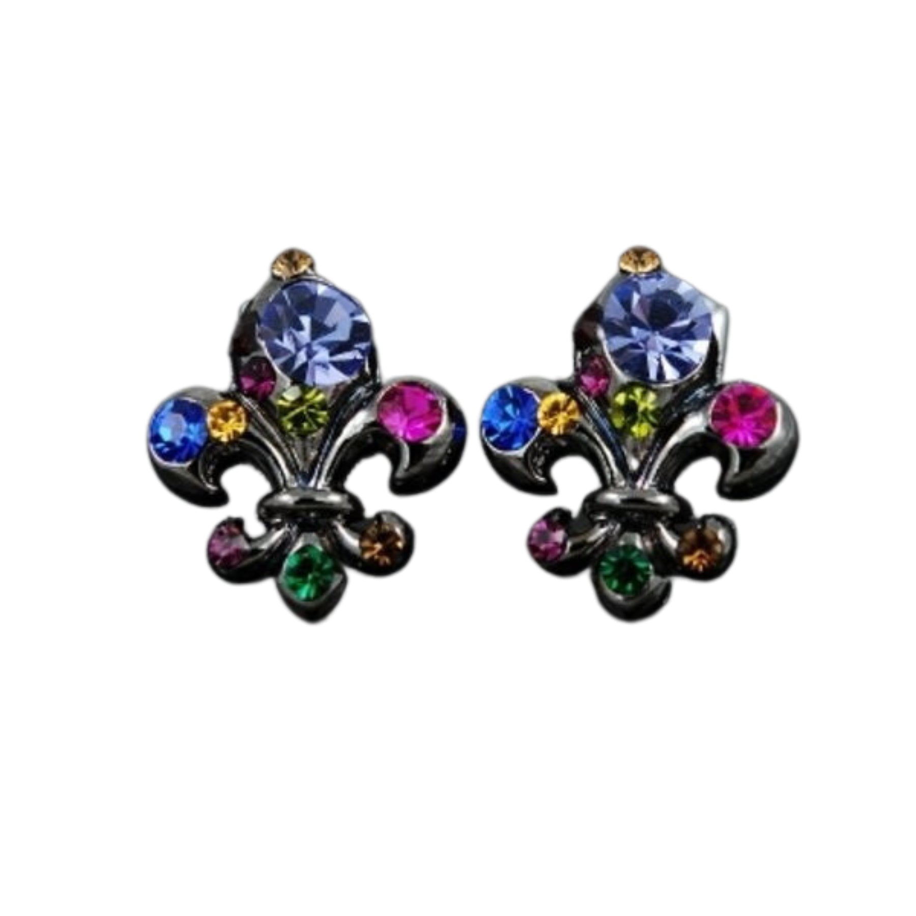 A pair of elegant studded fleur de lis earrings featuring a unique design with sparkling studs, perfect for any occasion.