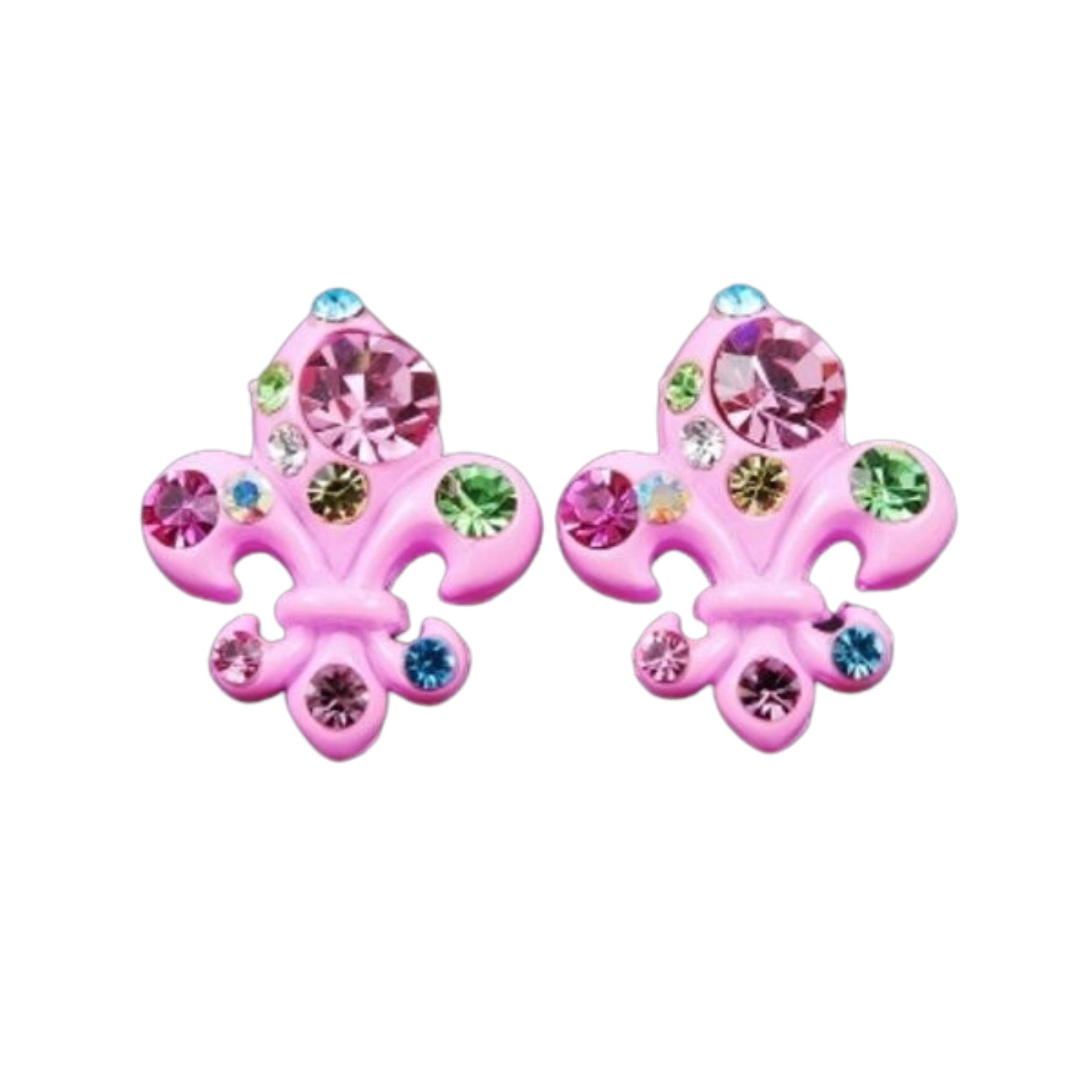 A pair of elegant studded fleur de lis earrings featuring a unique design with sparkling studs, perfect for any occasion.