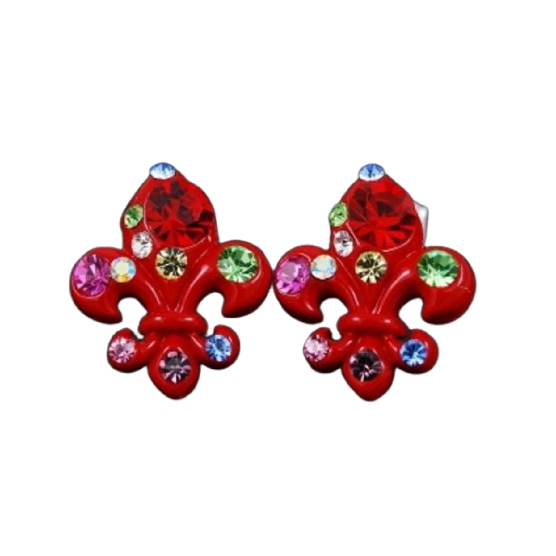 A pair of elegant studded fleur de lis earrings featuring a unique design with sparkling studs, perfect for any occasion.