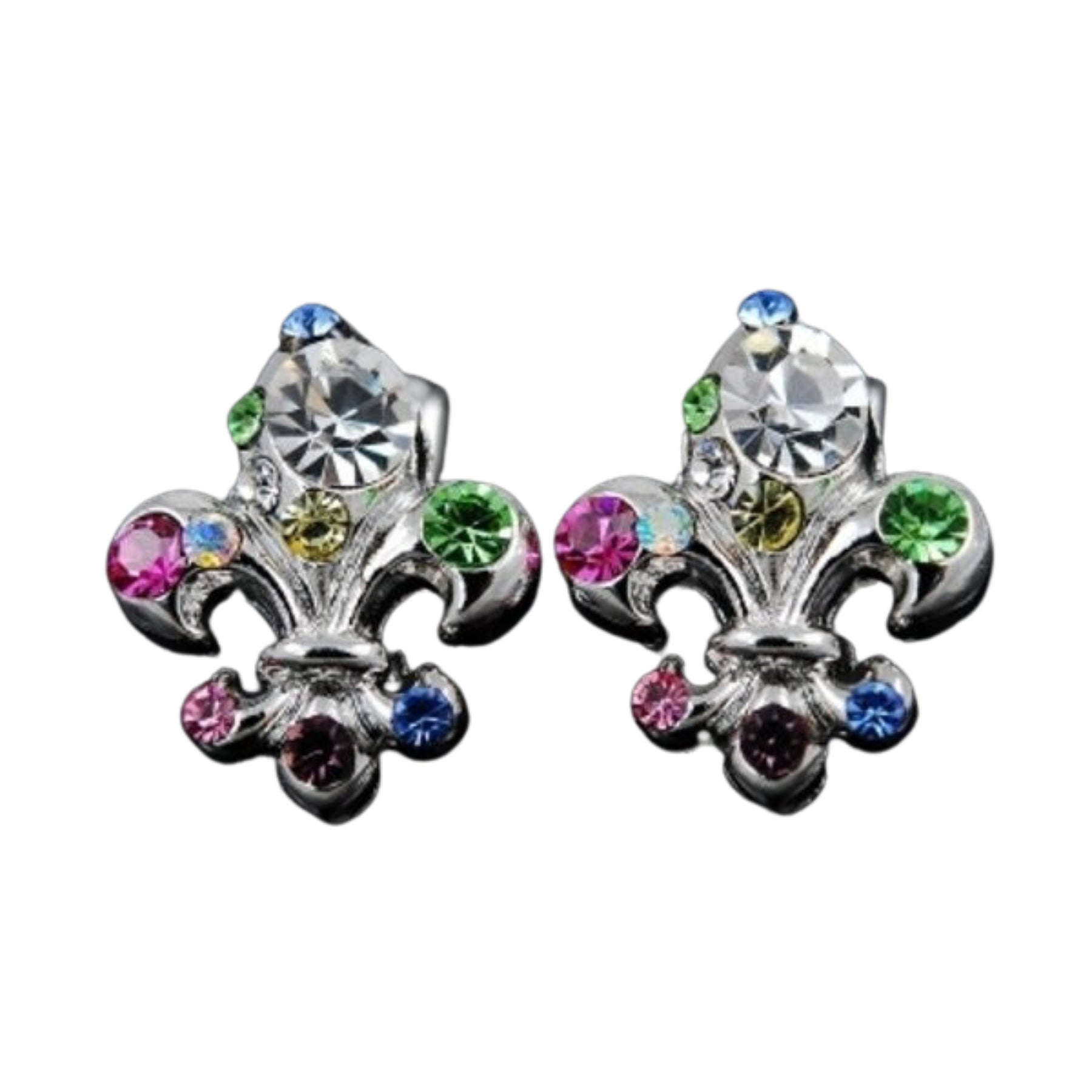 A pair of elegant studded fleur de lis earrings featuring a unique design with sparkling studs, perfect for any occasion.