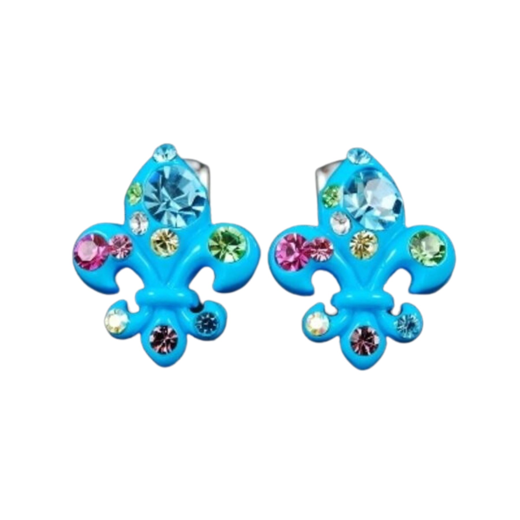 A pair of elegant studded fleur de lis earrings featuring a unique design with sparkling studs, perfect for any occasion.