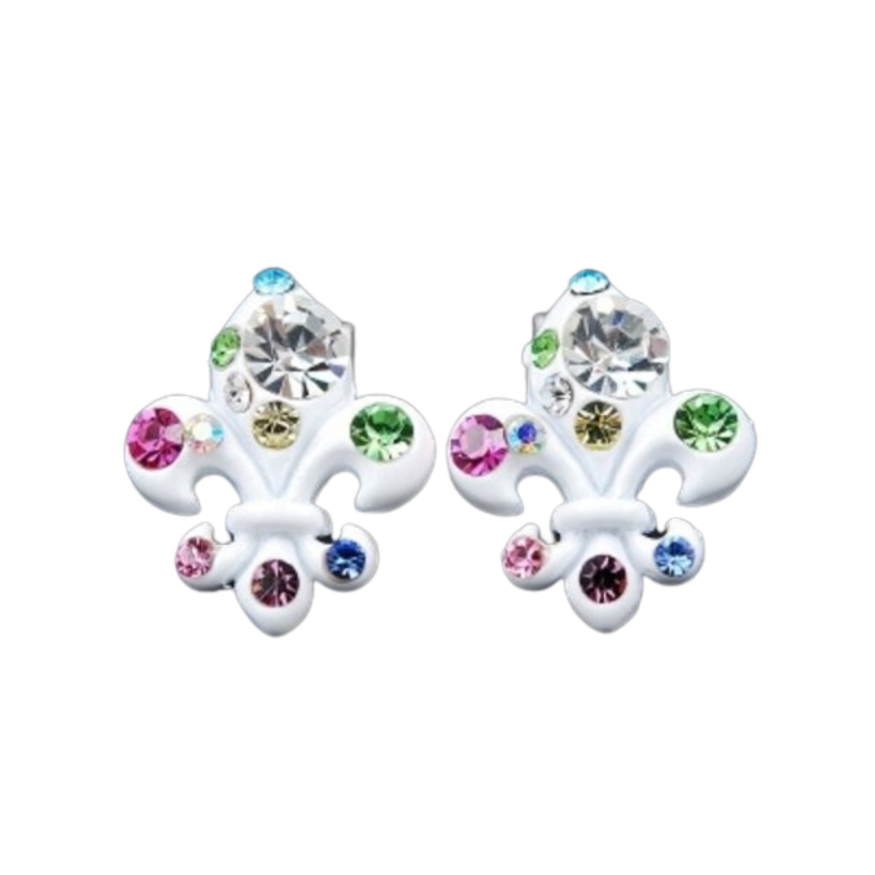 A pair of elegant studded fleur de lis earrings featuring a unique design with sparkling studs, perfect for any occasion.