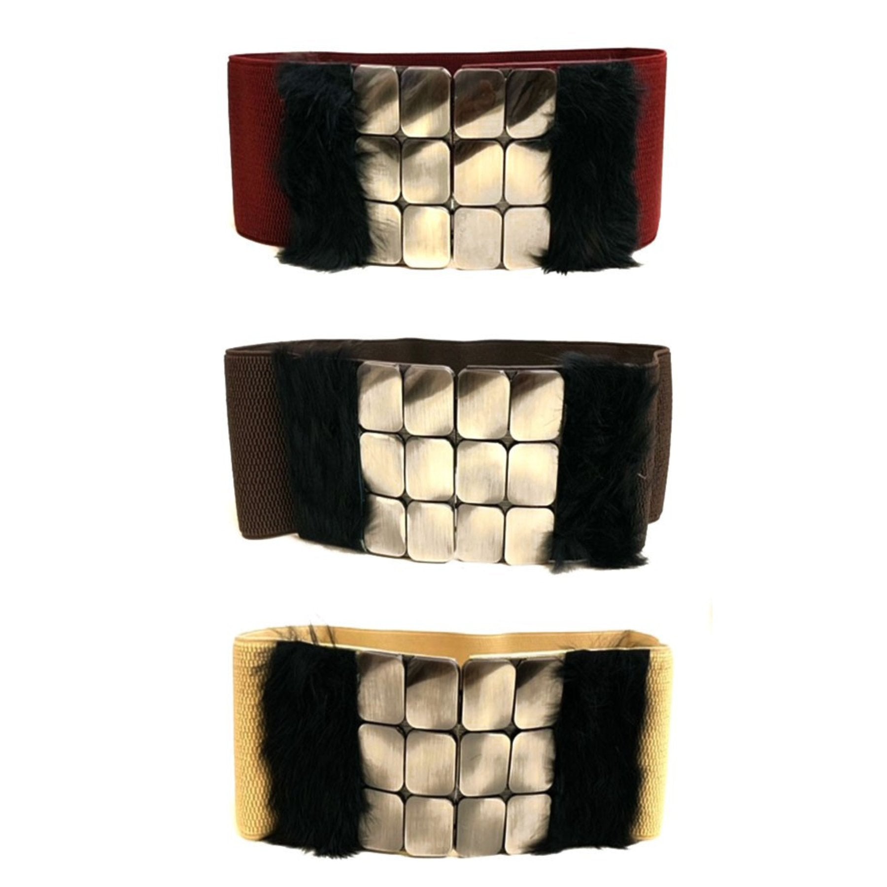 A stylish studded fur belt featuring a stretchable design and secure hook closure, perfect for enhancing any outfit.