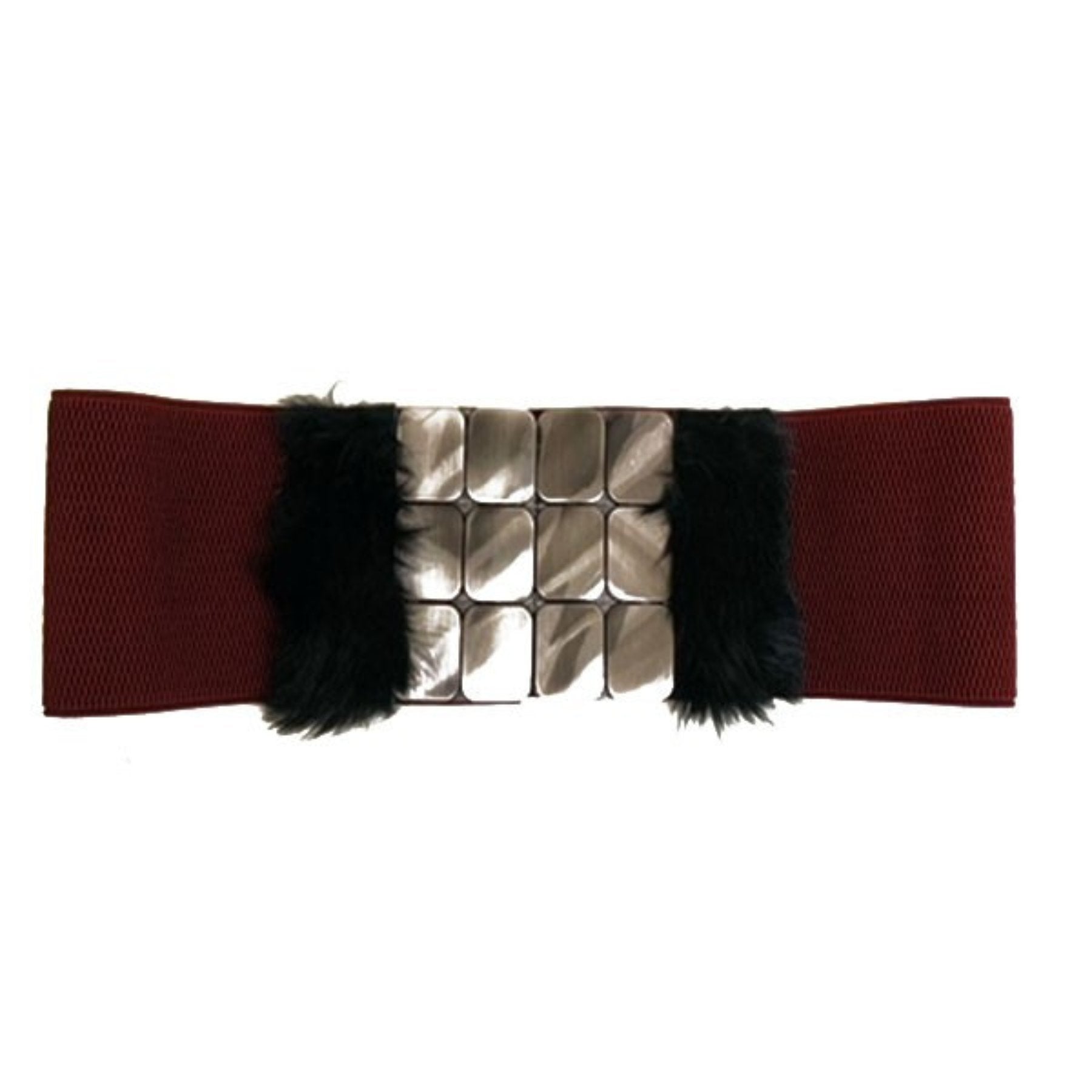 A stylish studded fur belt featuring a stretchable design and secure hook closure, perfect for enhancing any outfit.