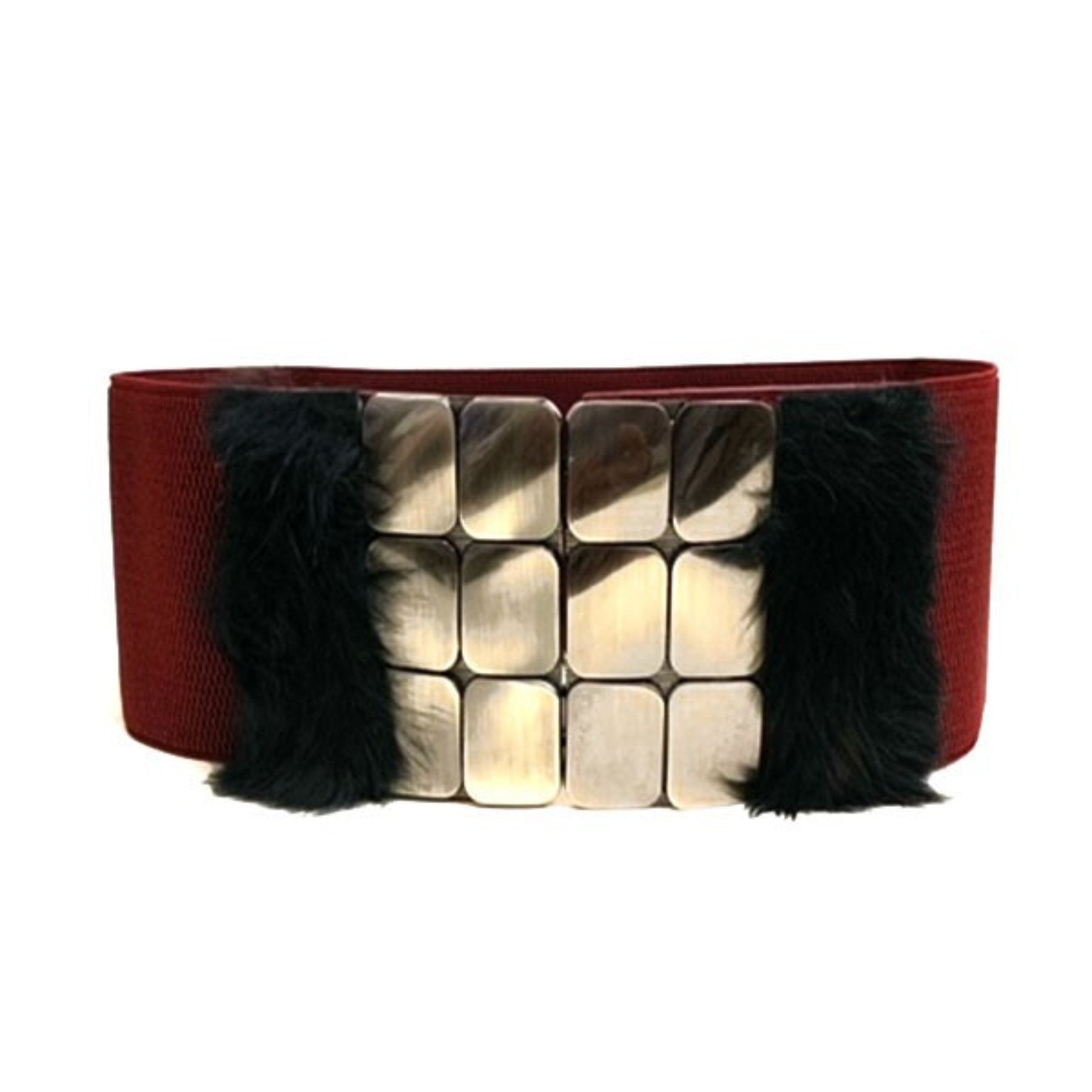 A stylish studded fur belt featuring a stretchable design and secure hook closure, perfect for enhancing any outfit.