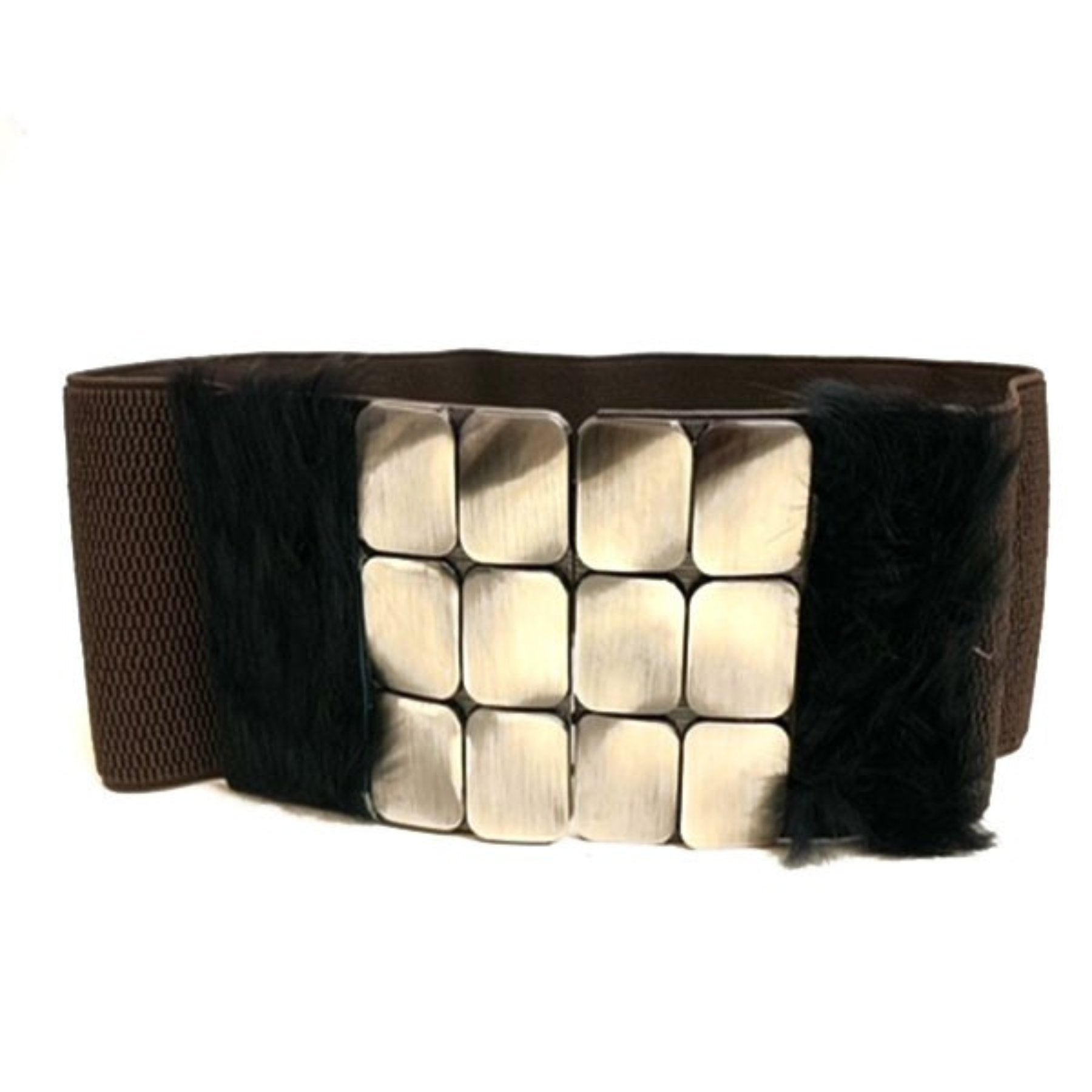 A stylish studded fur belt featuring a stretchable design and secure hook closure, perfect for enhancing any outfit.