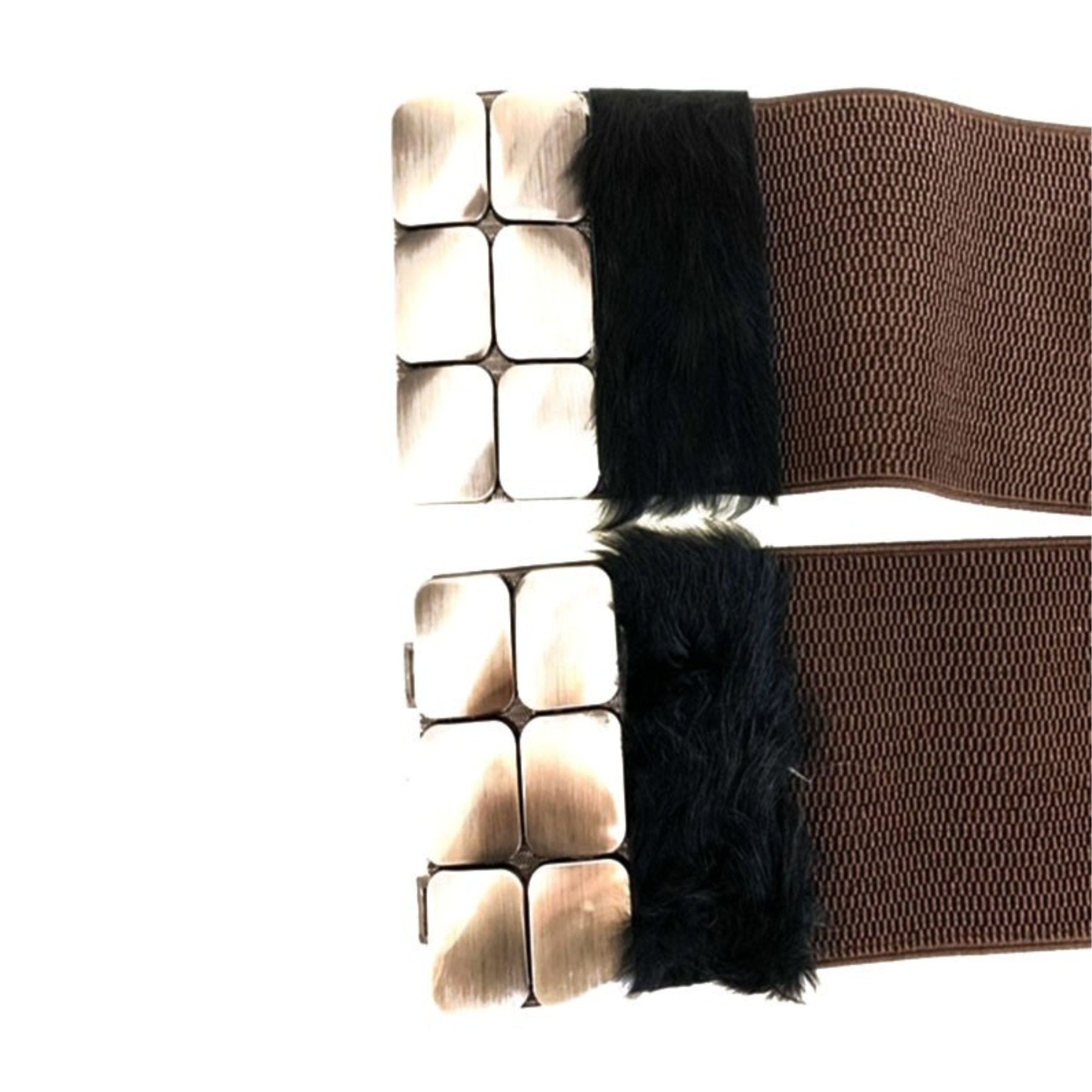 A stylish studded fur belt featuring a stretchable design and secure hook closure, perfect for enhancing any outfit.