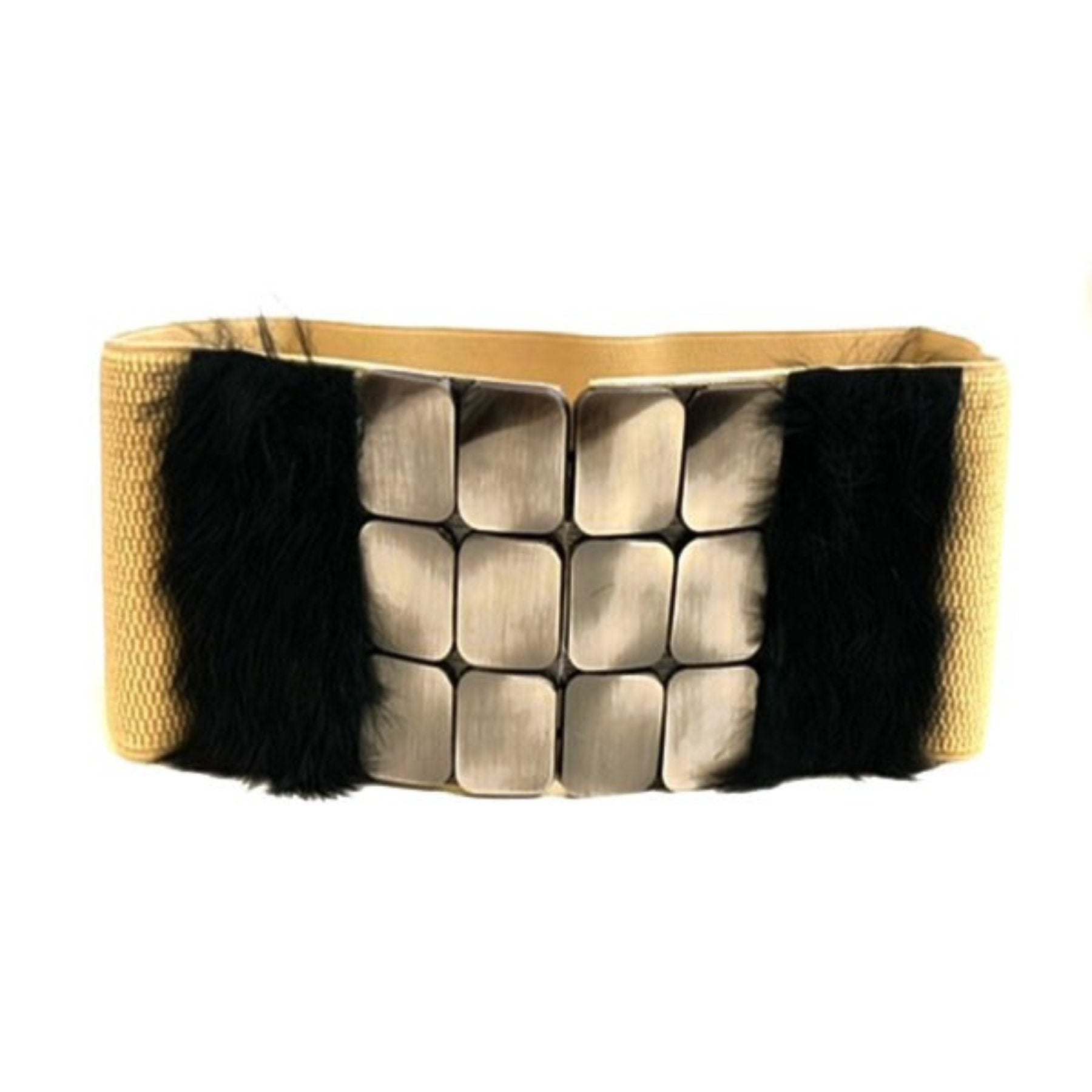 A stylish studded fur belt featuring a stretchable design and secure hook closure, perfect for enhancing any outfit.